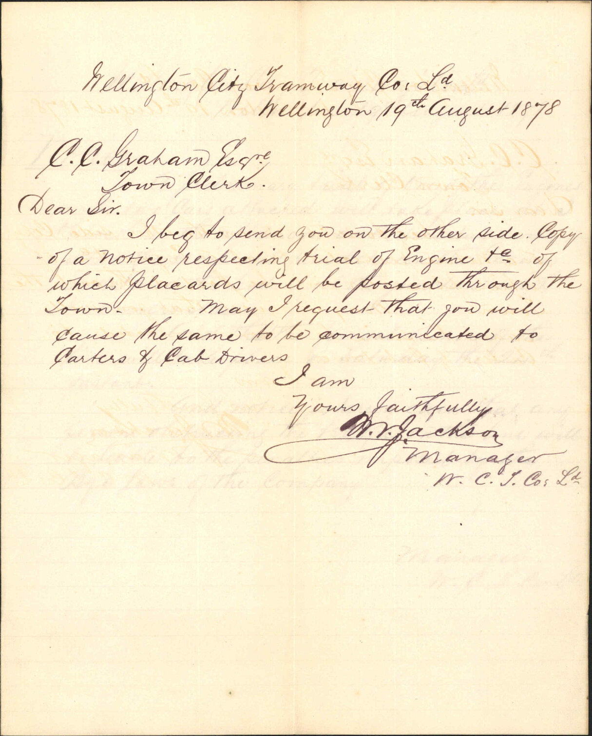 Sending copy of notice respecting trial of engine - Manager, Wellington City Tramway Company