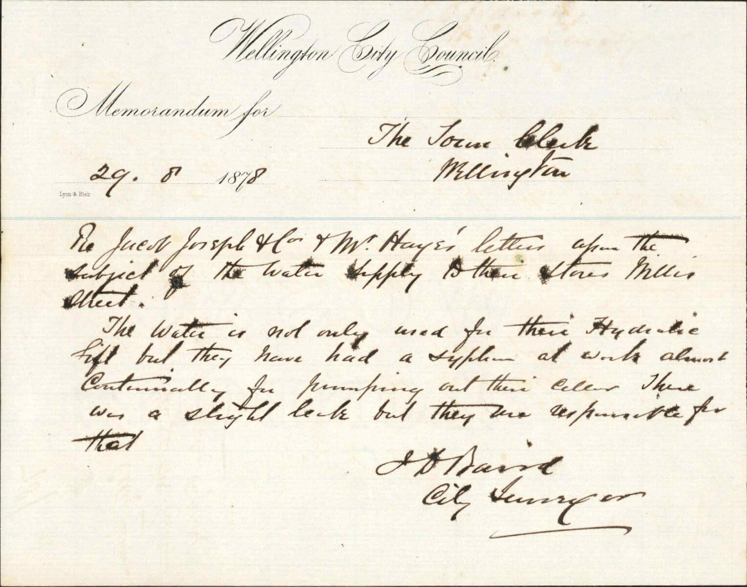 Re memo to Town Clerk re Jacob Joseph and J E Hayes letter re water account [see 78/1009] - J Baird (City Surveyor)