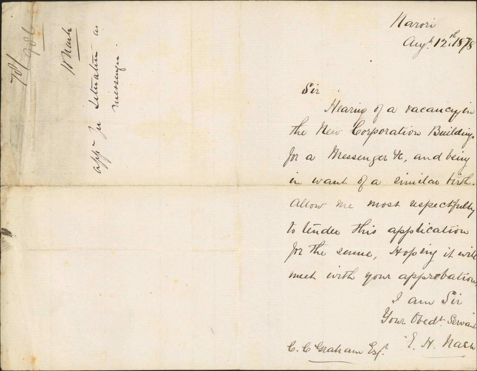 Re application for position of Messenger in Corporation building - G H Nash