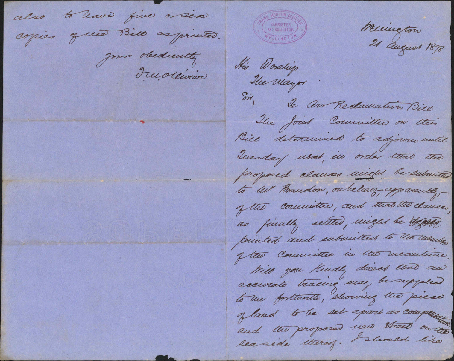 Re after copies of compensation land re Te Aro reclamation - F M Ollivier