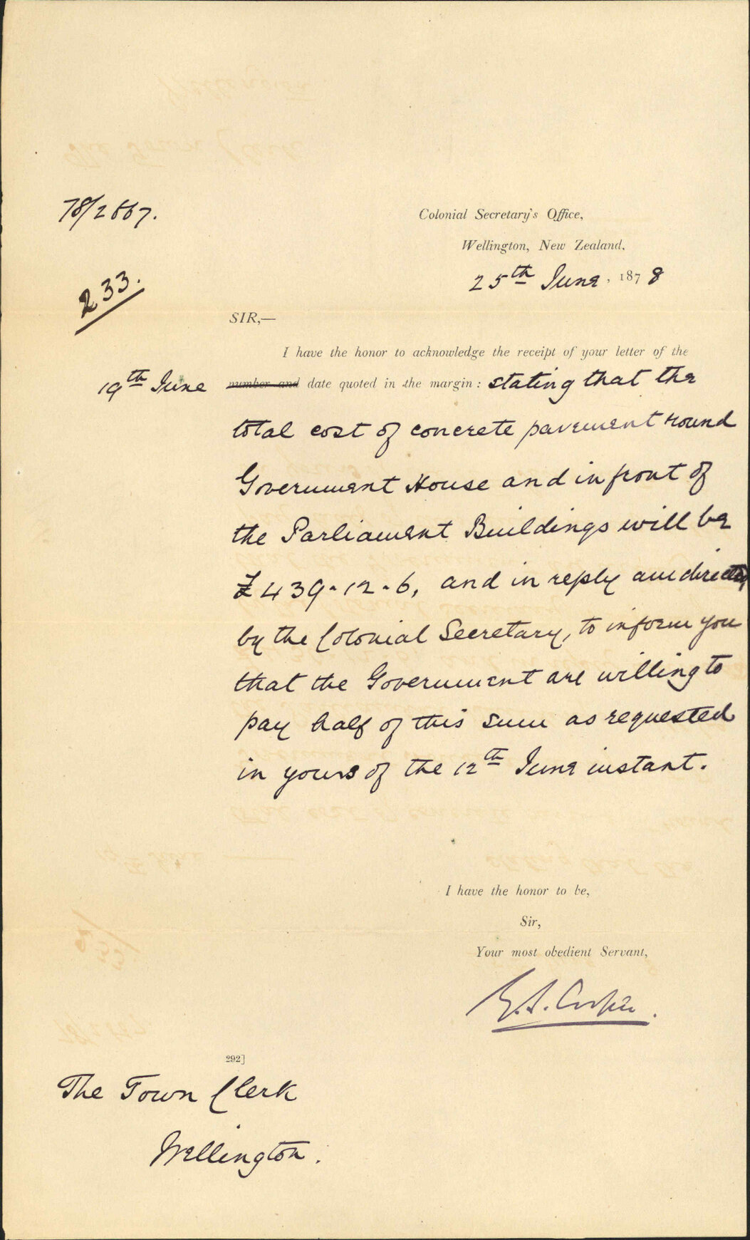 Re acknowledging receipt of letter re concrete pavement round Government House - Colonial Secretary's Office