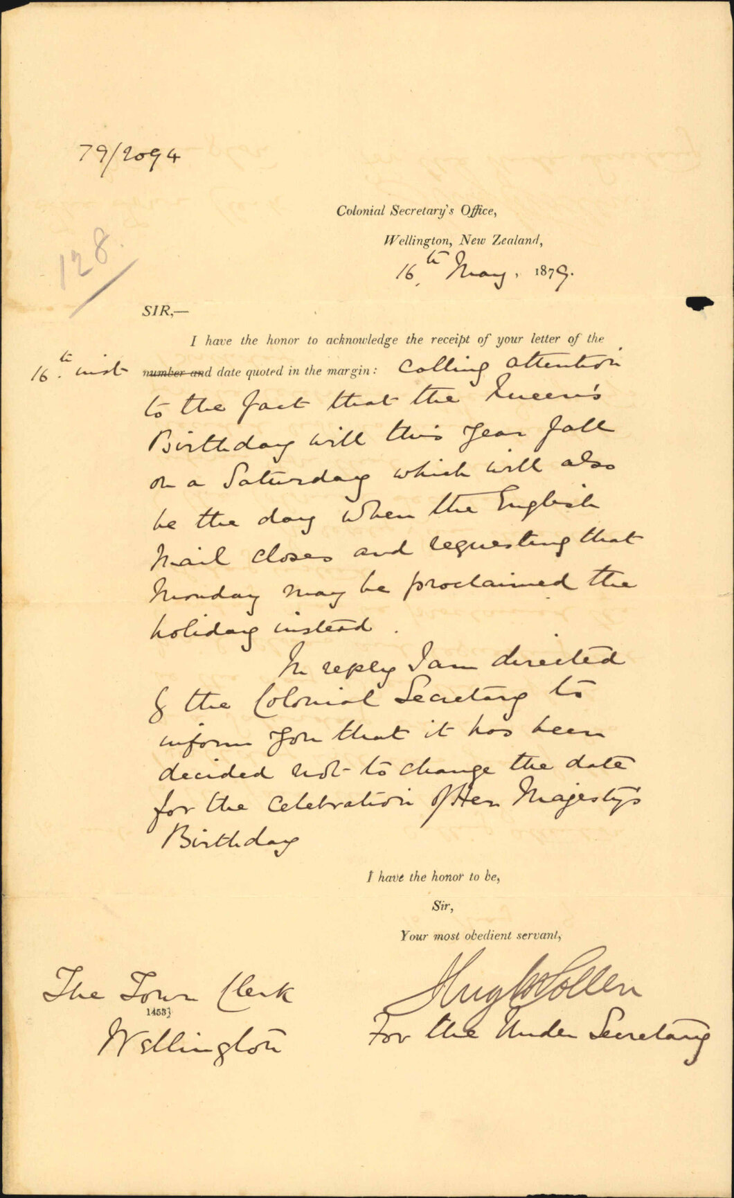Re not changing the date of the Queens Birthday - Colonial Secretary's Office