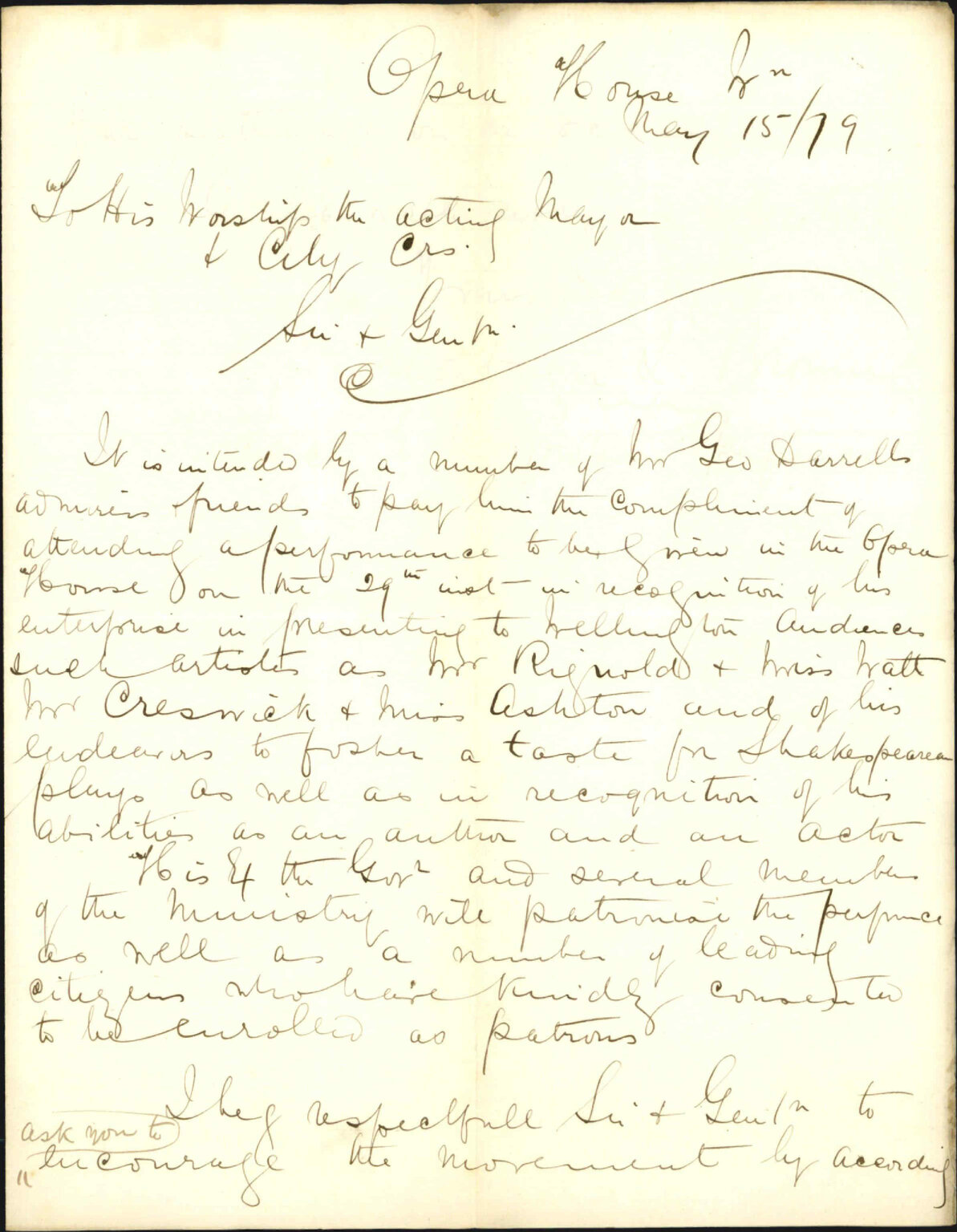 Re inviting acting Mayor to a Shakespeare performance to be held in the honor of Joseph Drainsfield - M Browne