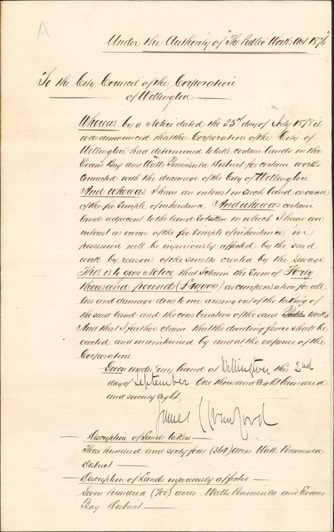 Asking for compensation re taking of land for drainage works - J C Crawford