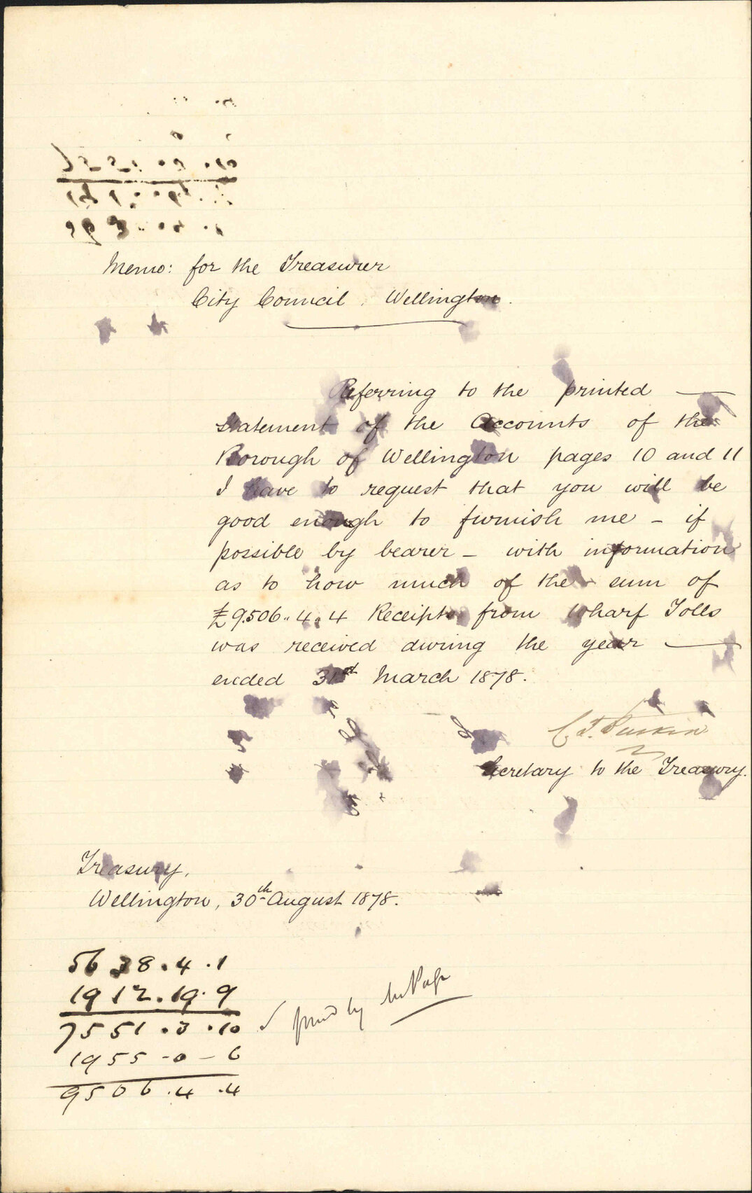 Re asking for further information from statement of accounts (re wharf toll receipts - Secretary to the Treasury