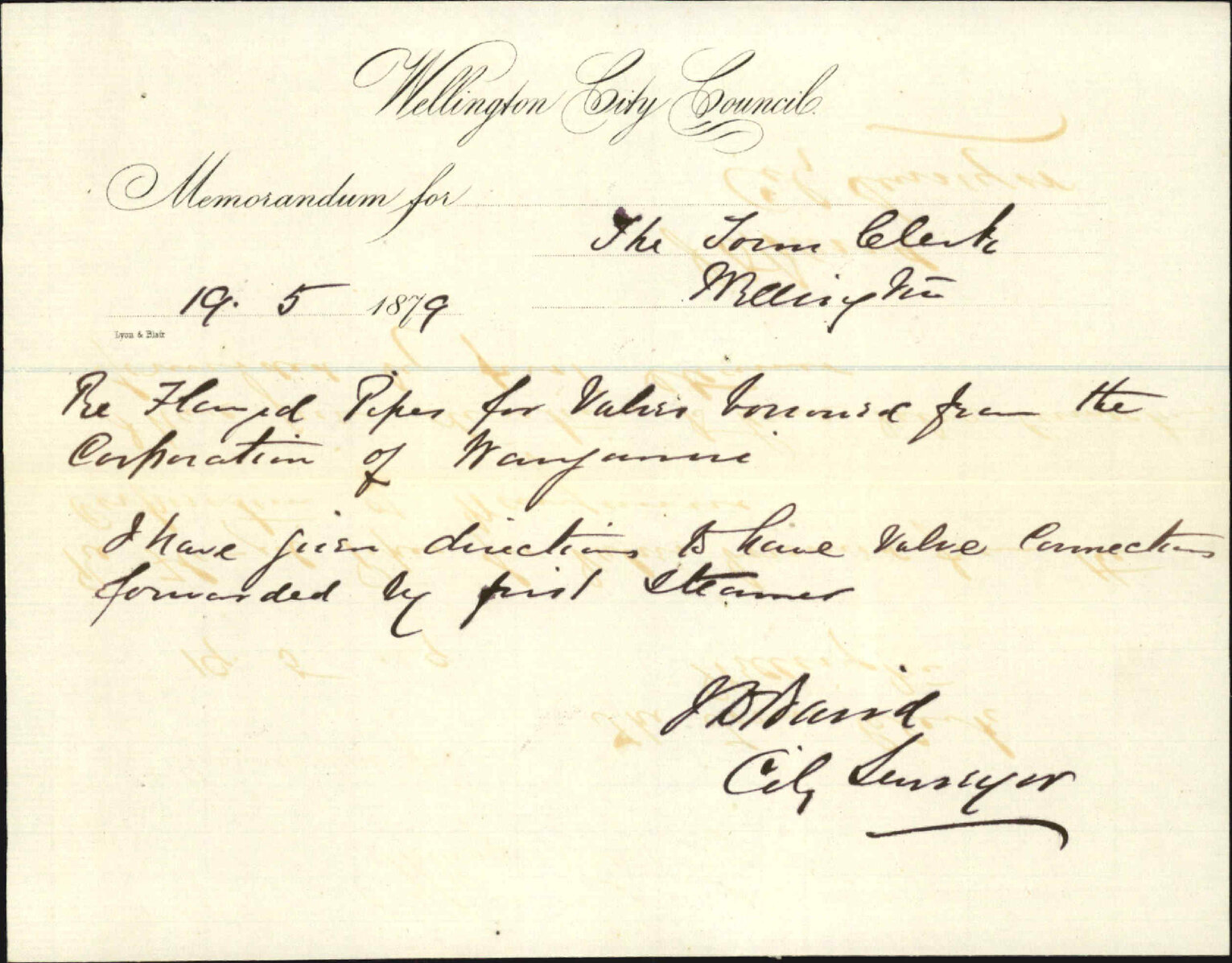 Re request for glazed water pipes - Town Clerk, Wanganui