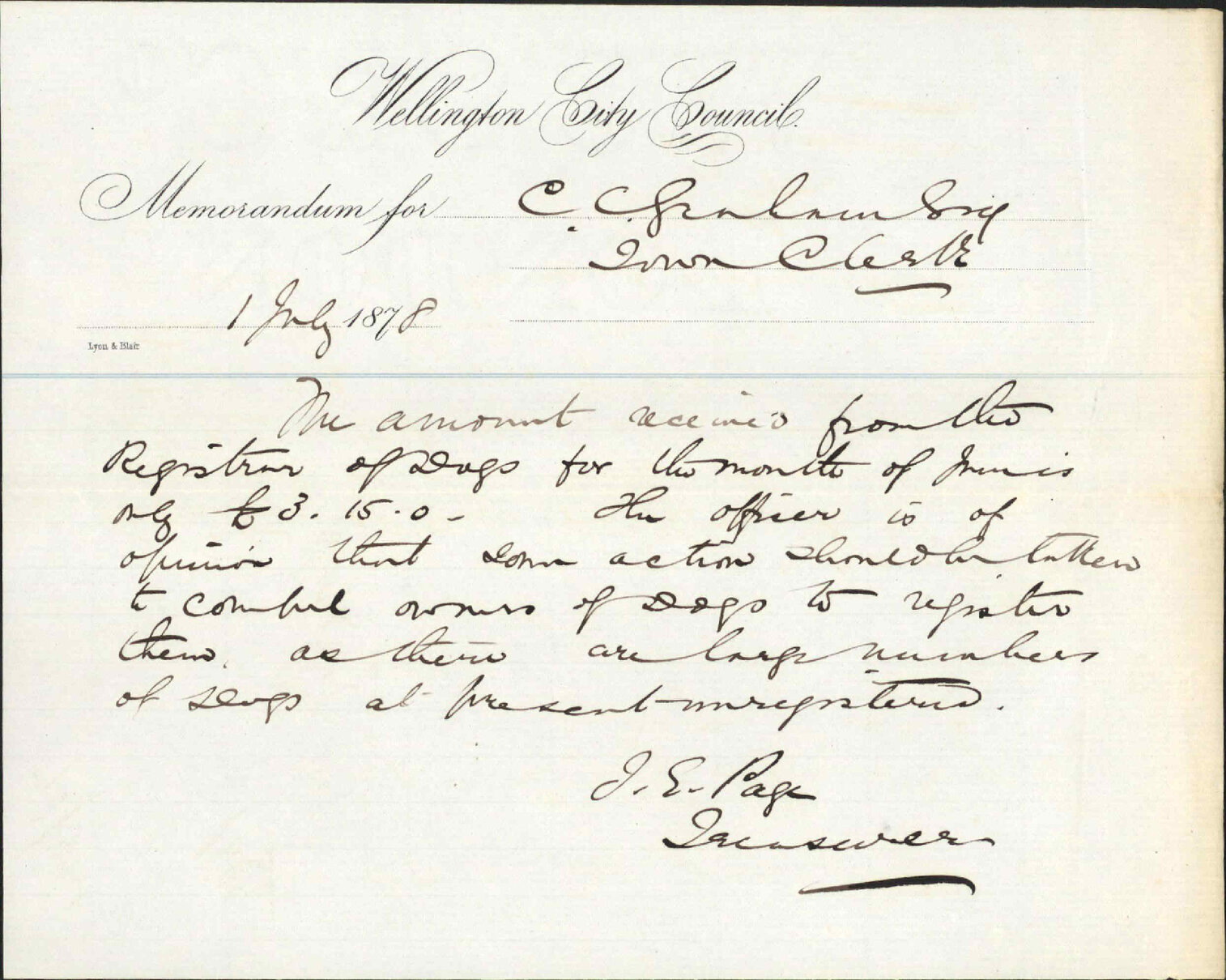 Re memo to Town Clerk re registration of dogs - J E Page, City Treasurer