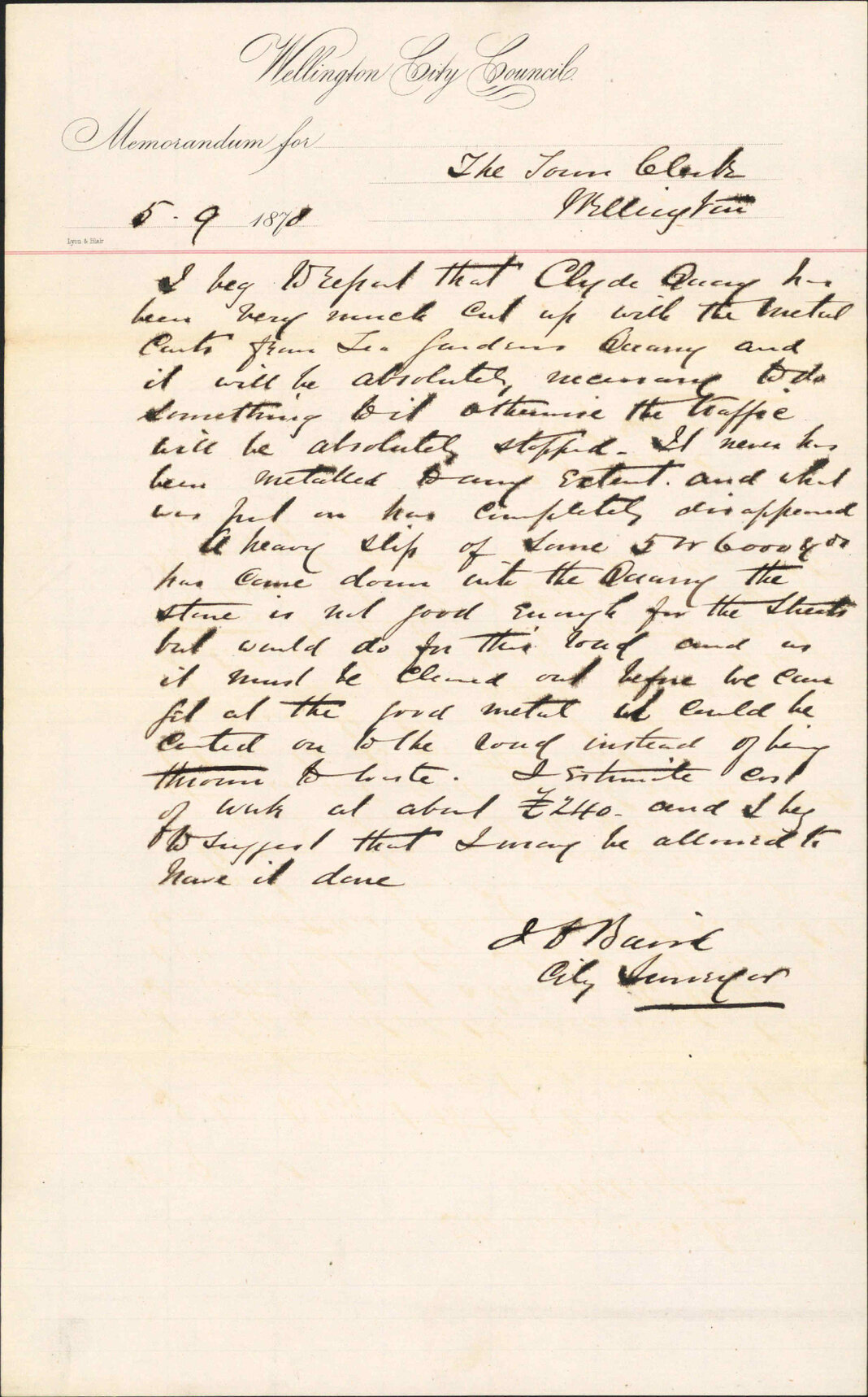 Re memo to Town Clerk re Tea Garden Quarry and metalling Clyde Quay - J J Baird (City Surveyor)