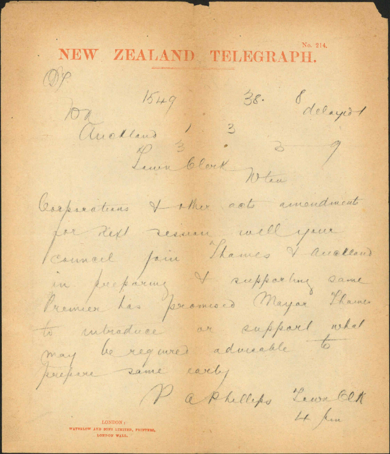 Re next council meeting - Town Clerk, Auckland