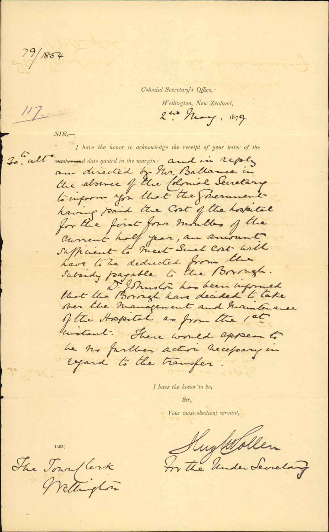 Re informing Town Clerk that as Government has paid operating cost of hospital for first four months of year, the same amount will be deducted from the subsidy payable to the borough - Colonial Secretary's Office