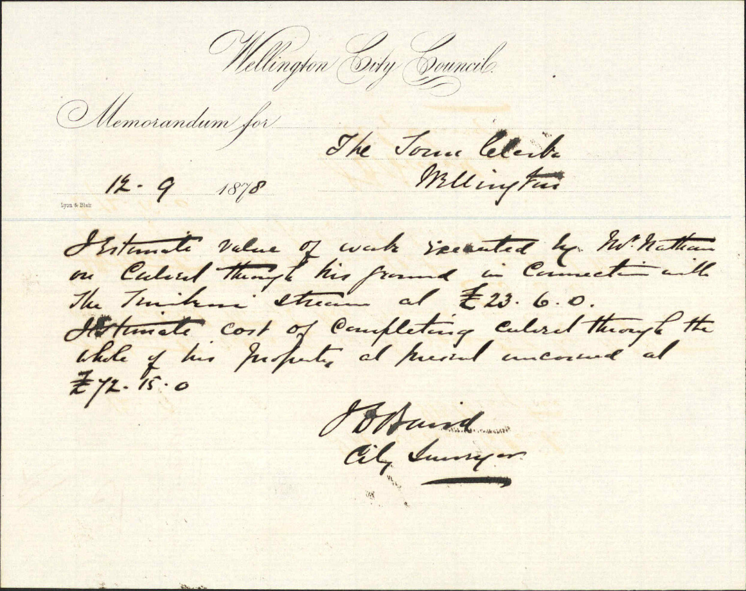 Re memo to Town Clerk re Mr Nathan's request for water supply - J J Baird (City Surveyor)