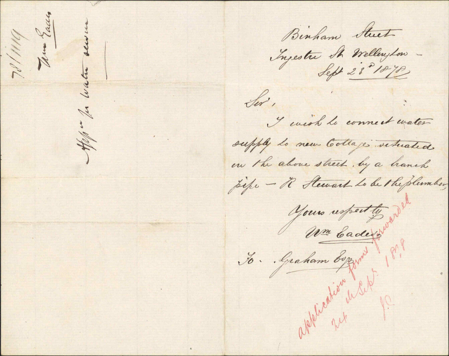 Re asking for water supply to cottages in Binham Street - William Eades