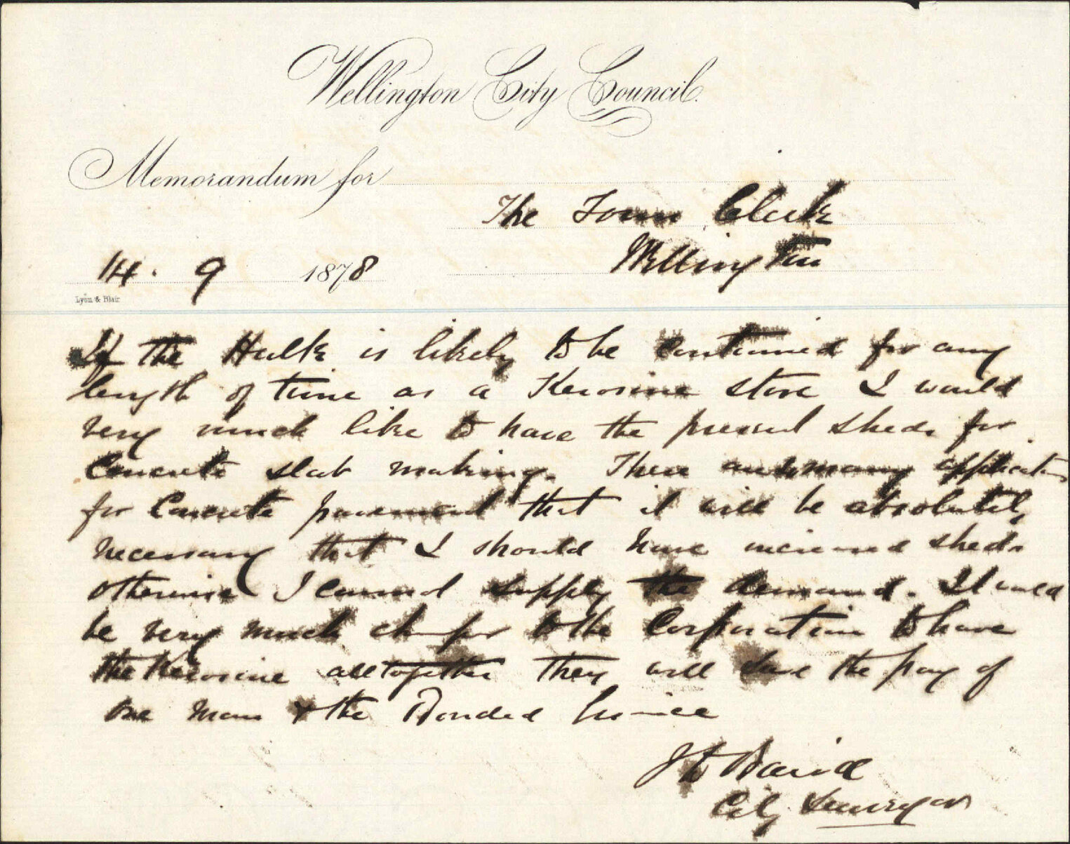 Re memo to Town Clerk re hulk at kerosene store - J J Baird (City Surveyor)