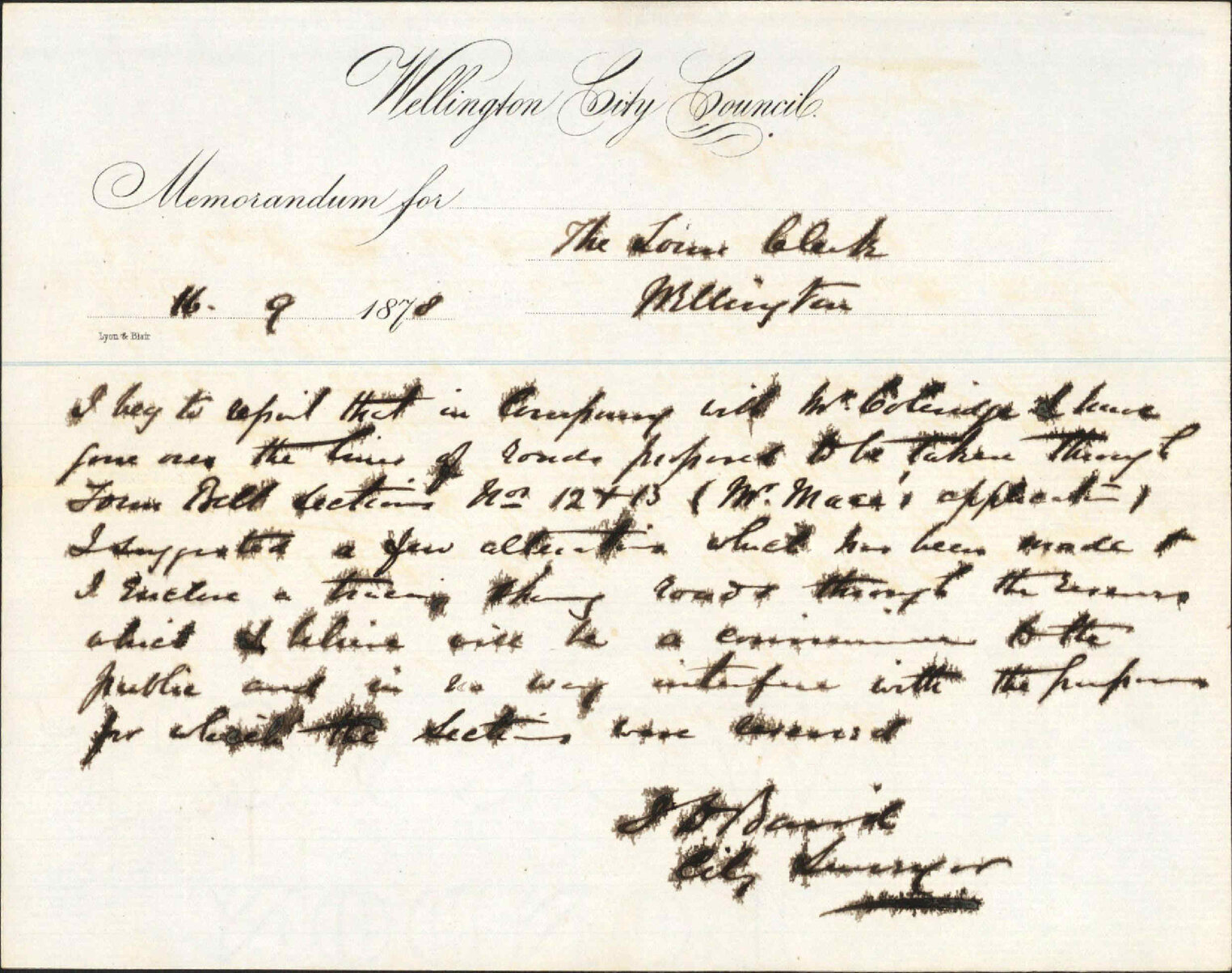 Re memo to Town Clerk re road through reclamation reserve - J J Baird (City Surveyor)