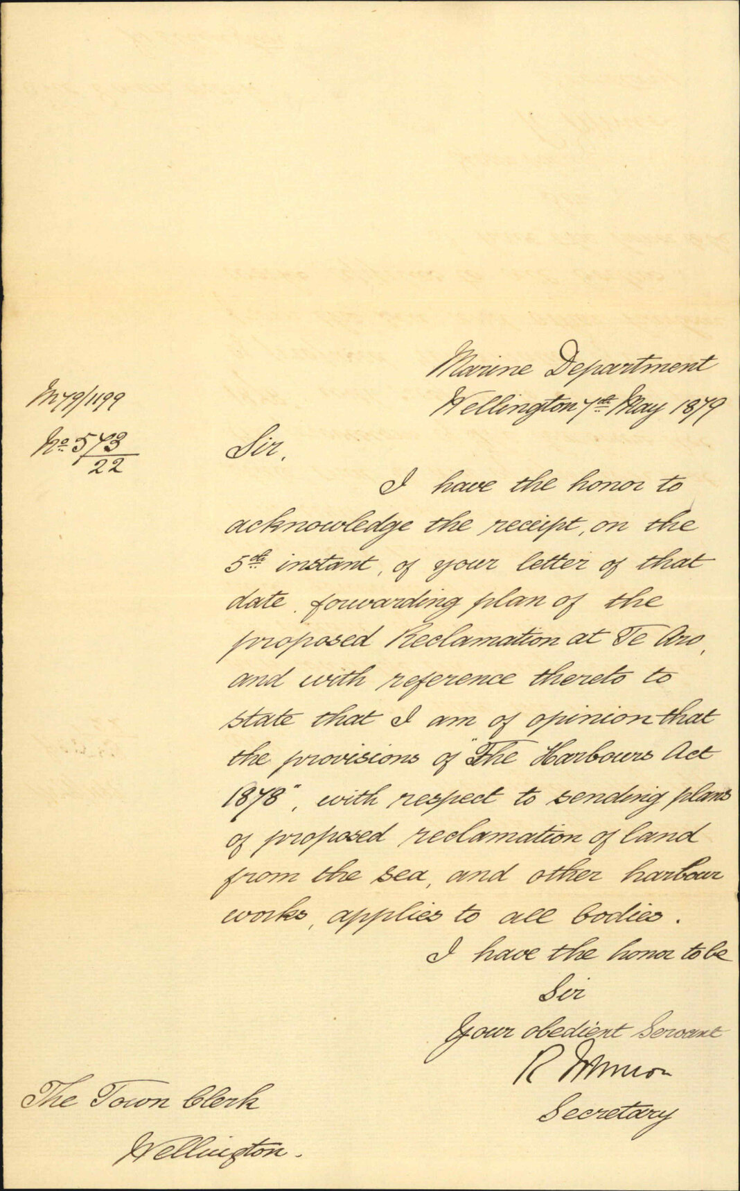 Re receipt of letter re Te Aro reclamation - Marine Department