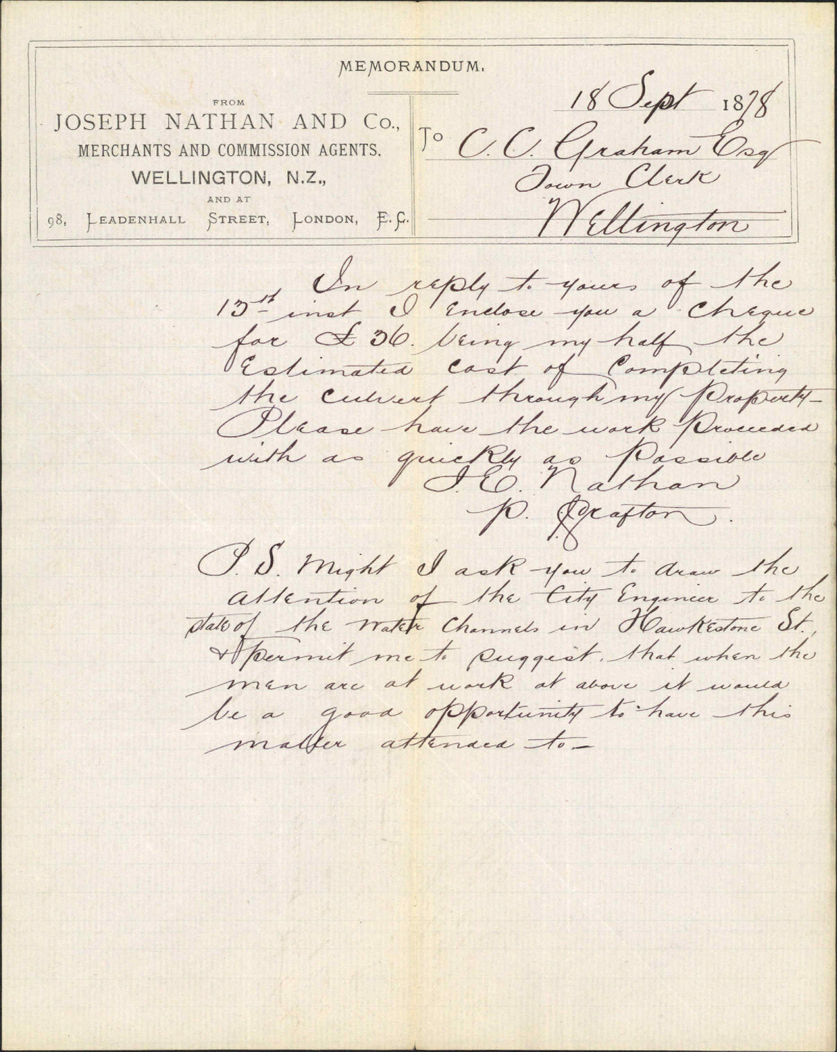 Re enclosing cheque for cost completing culvert through property - Joseph Nathan and Co