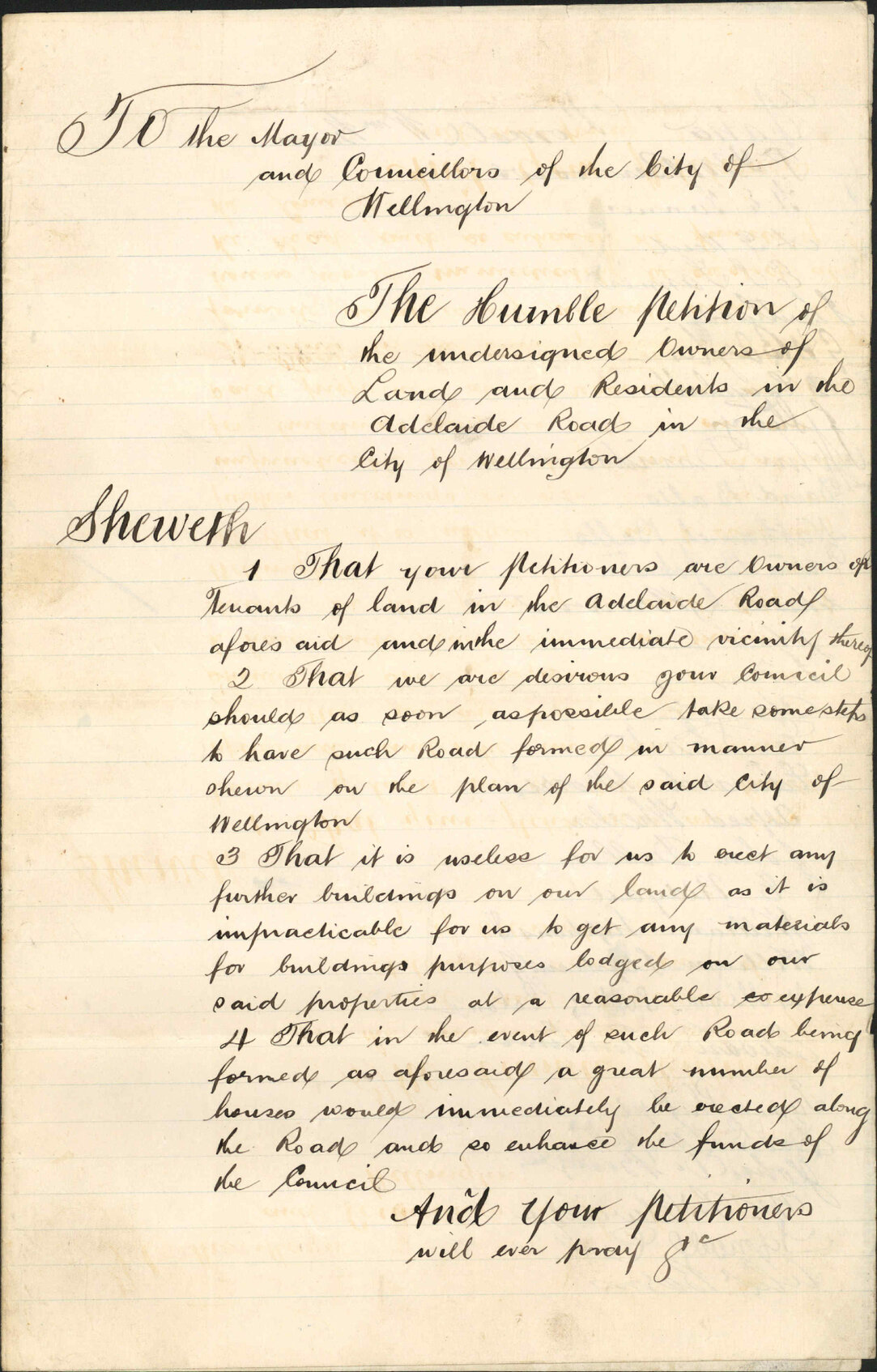 Re petition re formation of Adelaide Road - residents, Adelaide Road