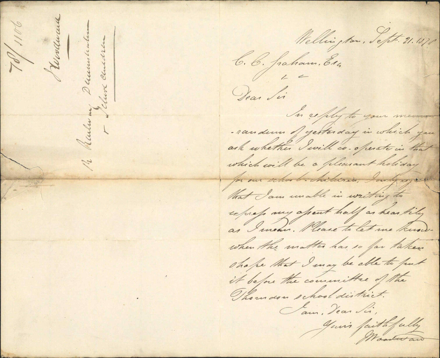 Re Wairarapa railway line completion - holiday for Thorndon District school children - J Woodward