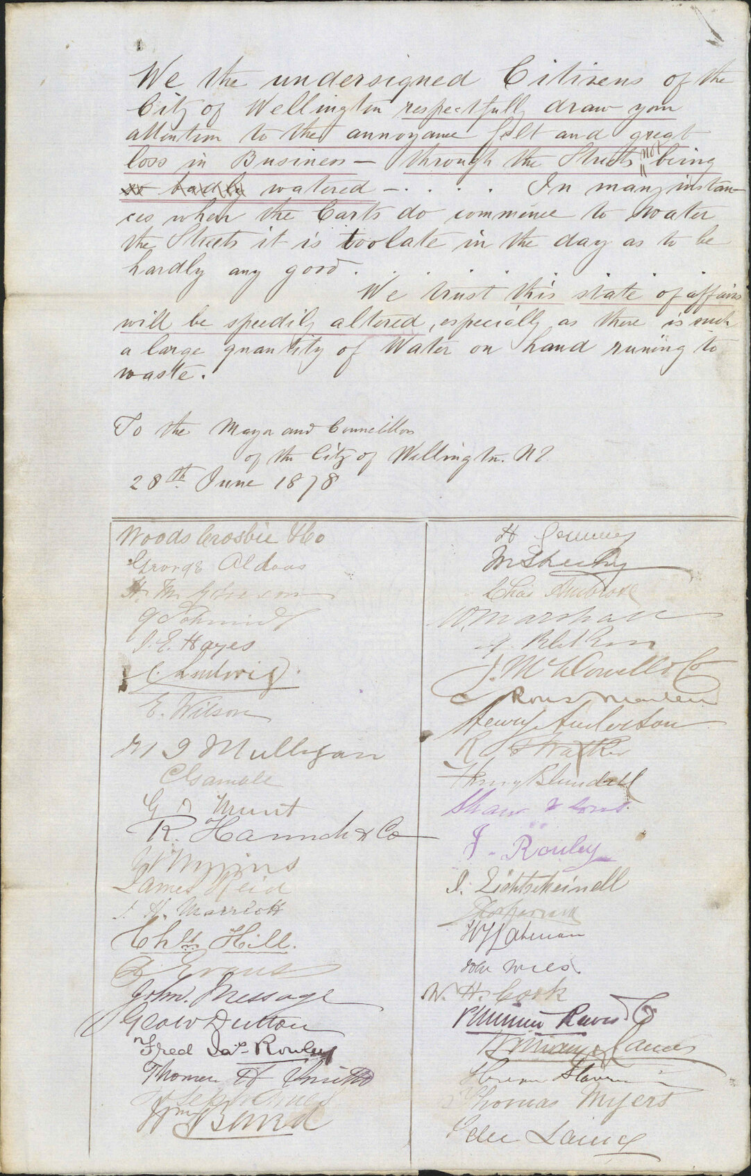 Re petition re street watering - citizens of Wellington