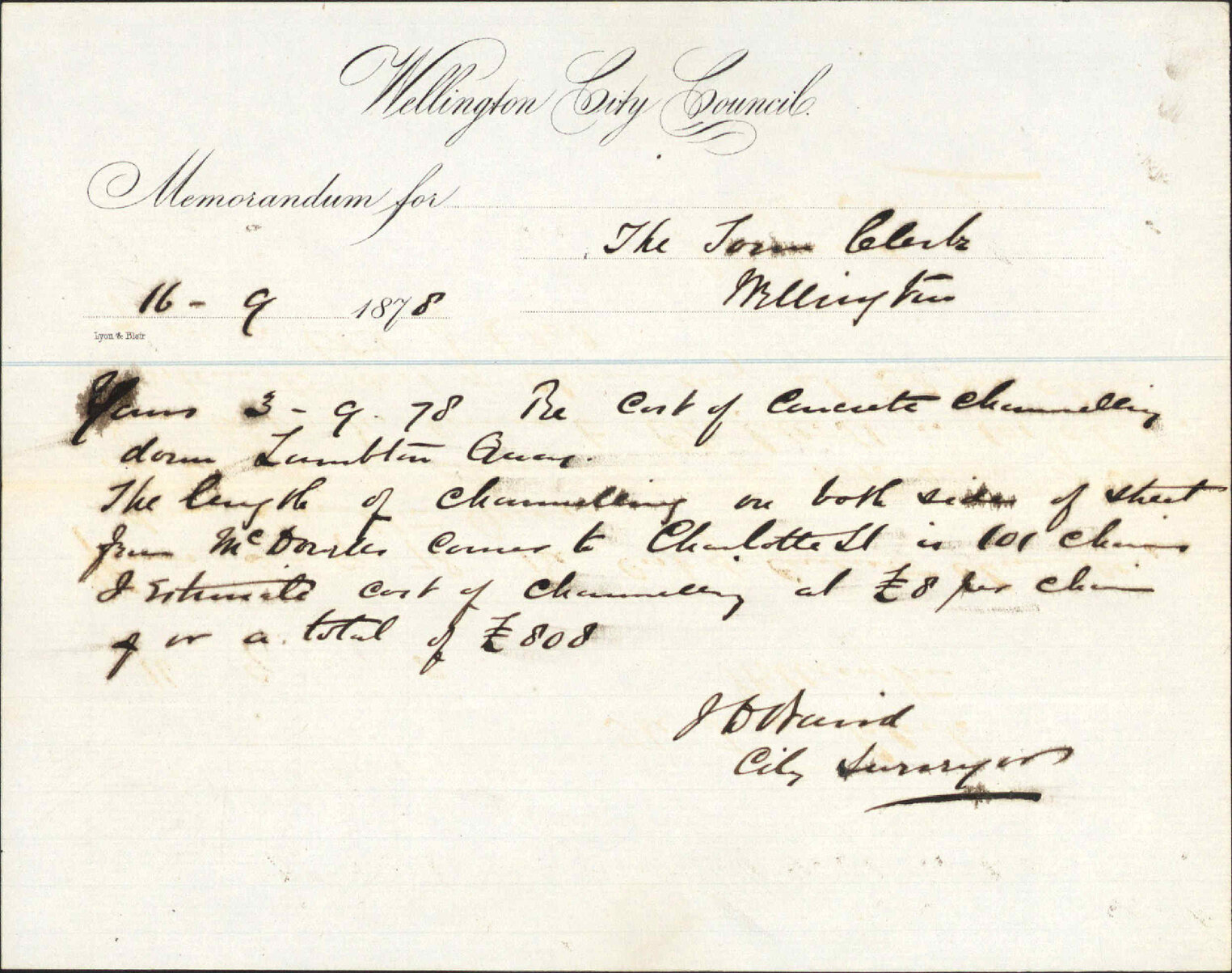 Re memo to Town Clerk re cost of channelling Lambton Quay - J J Baird (City Surveyor)