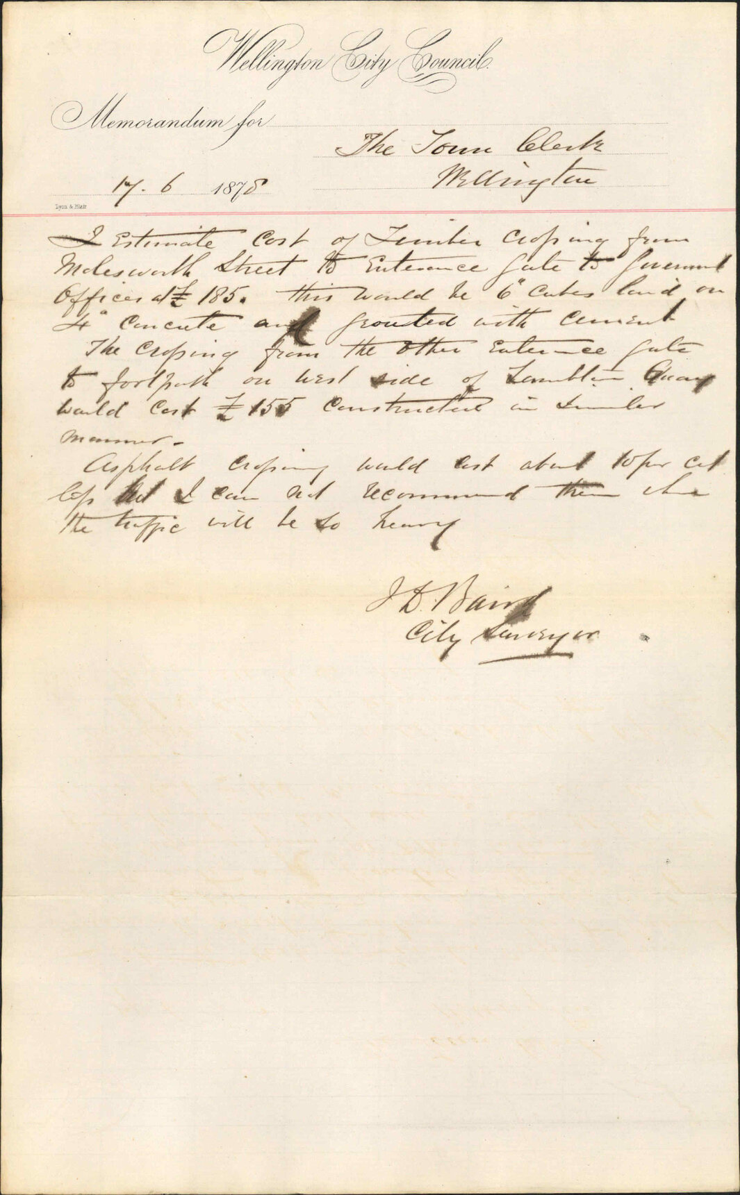 Re memo to Town Clerk re timber crossing from Molesworth Street to Government Offices entrance - City Surveyor
