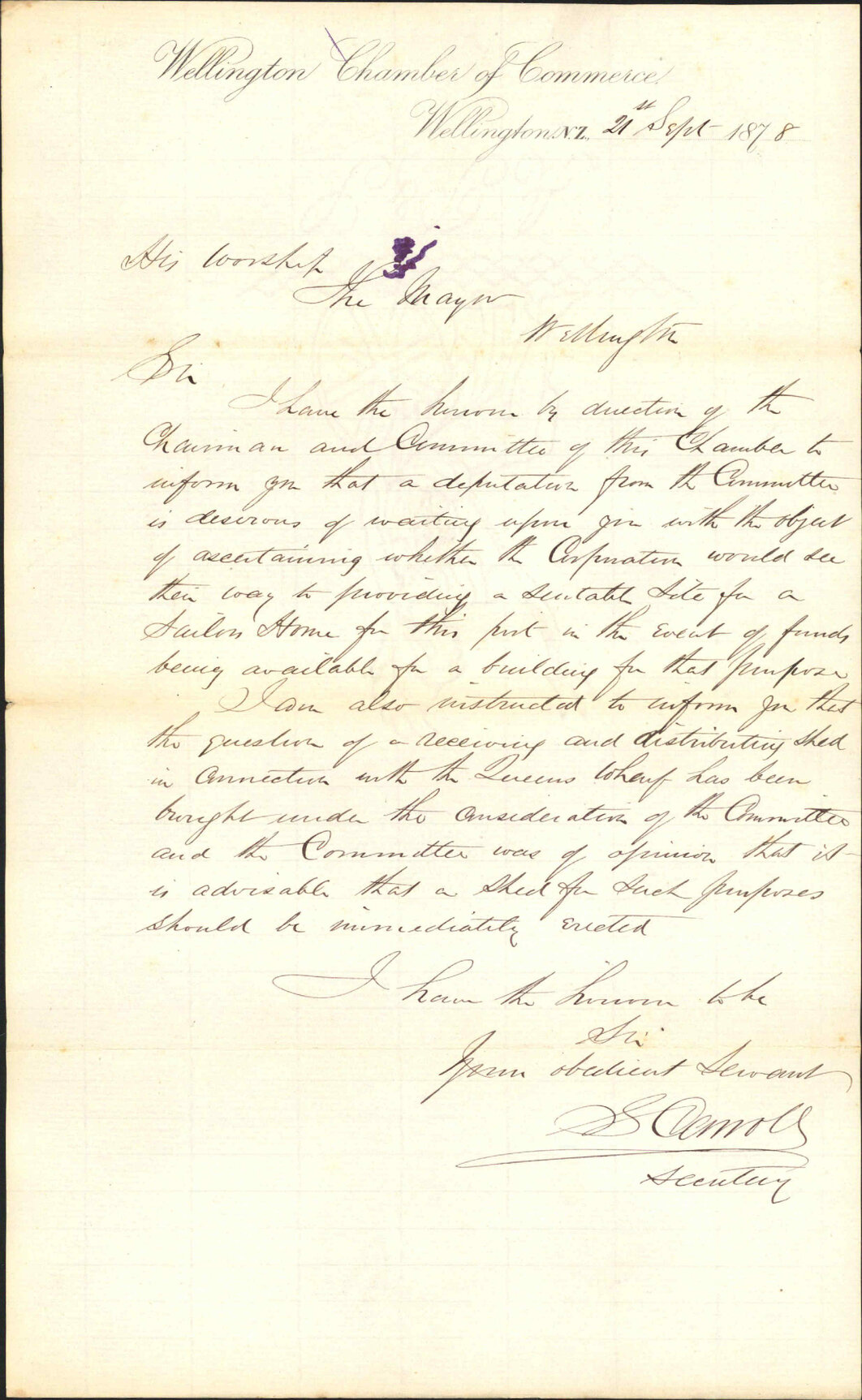 Re deputation to wait on Council re a site for a sailors home, erecting a receiving and distributing shed, Queens Wharf - Wellington Chamber of Commerce