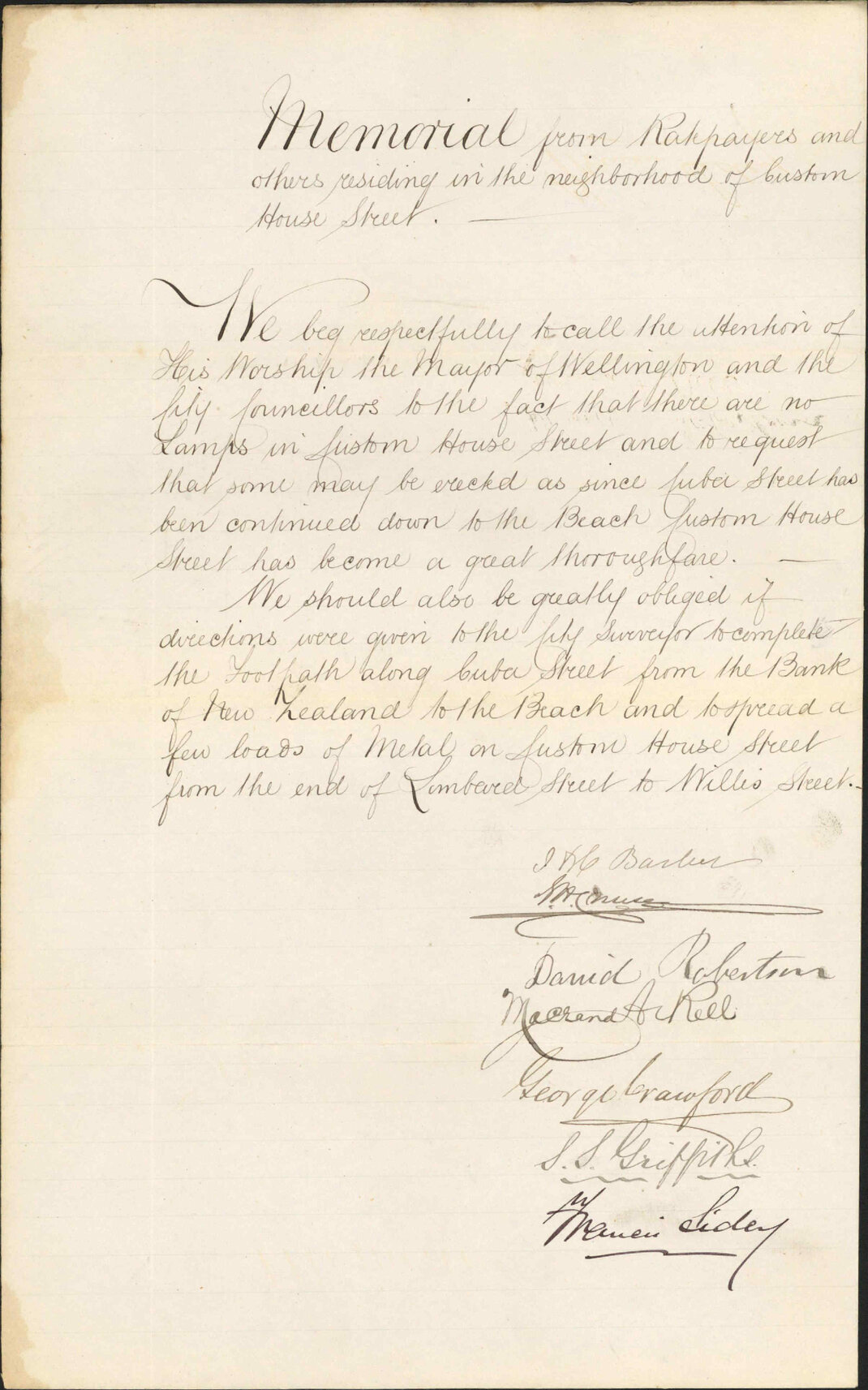 Re petition re street lamps - ratepayers, Customhouse Street