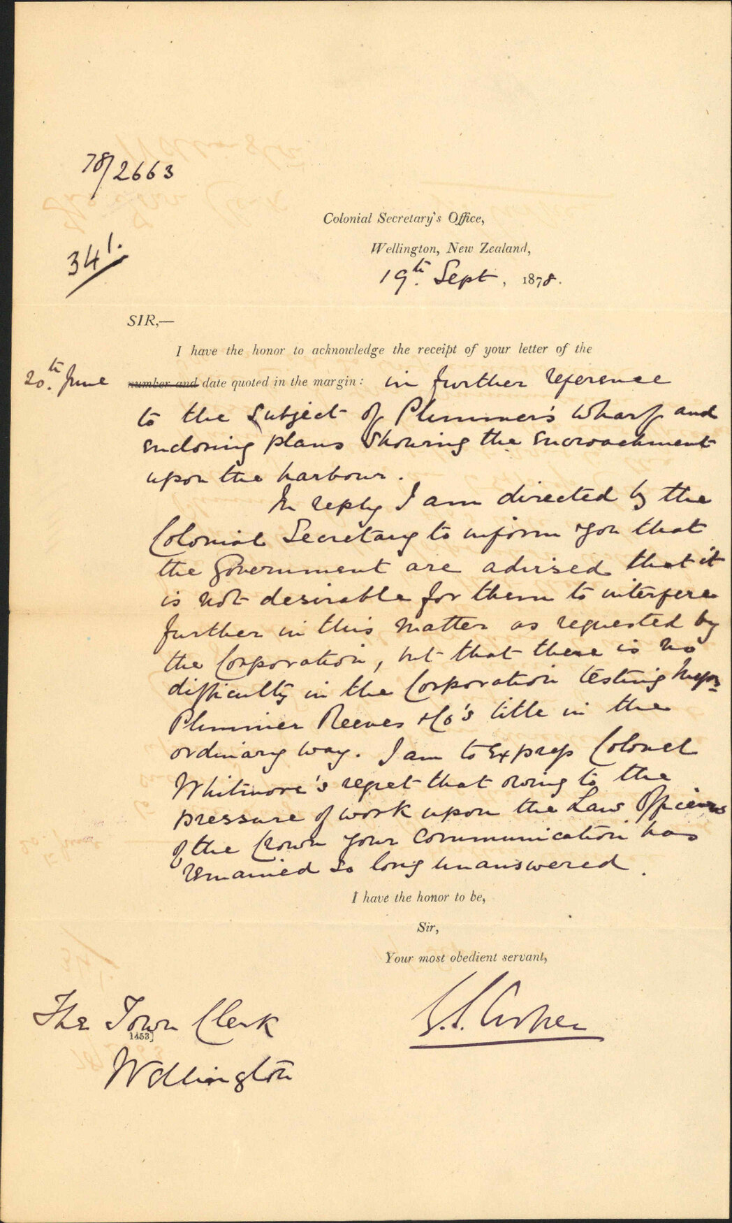 Re encroachment upon the harbour by Messrs Plimmer Reeves and Co's wharf - Colonial Secretary's Office