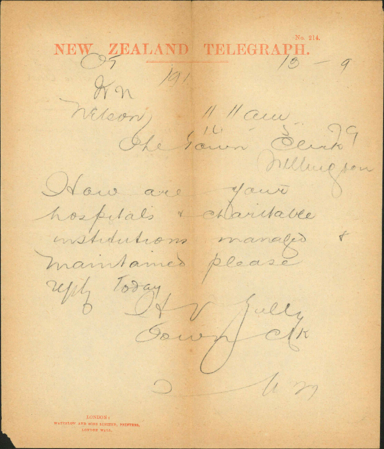 Telegraph re how hospital and charitable institutions are managed - Town Clerk, Nelson