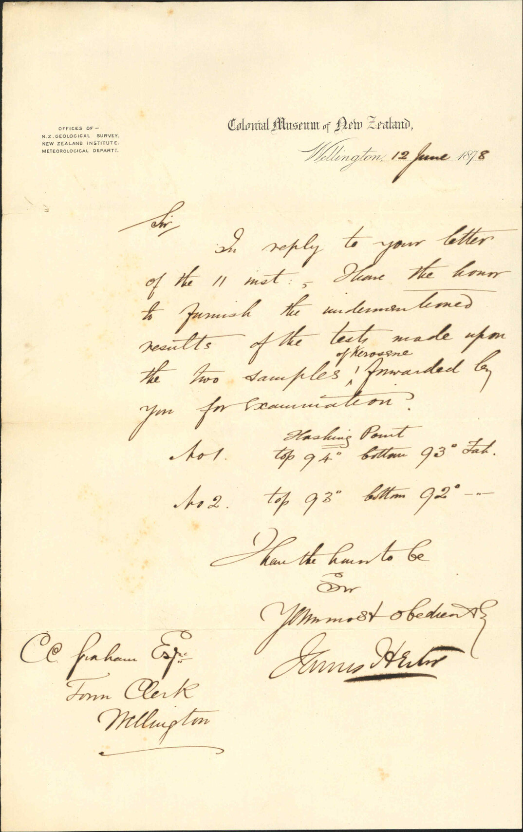 Re results of tests on kerosene taken from Corporation store - Thomas Hector, Colonial Museum