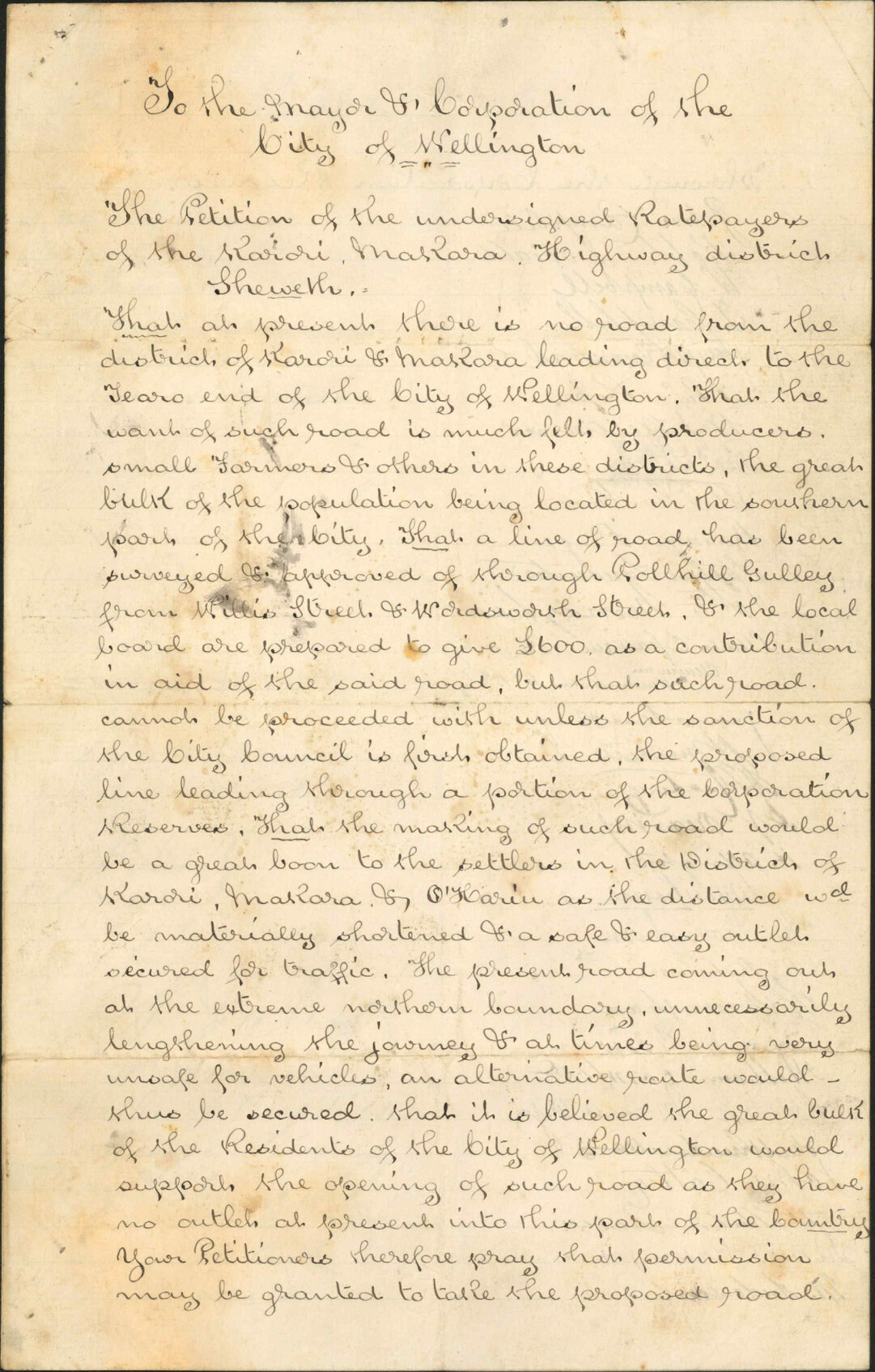 Petition from the Karori / Makara Highway Board, that a road be put through Polhill Gully to serve the residents of Karori