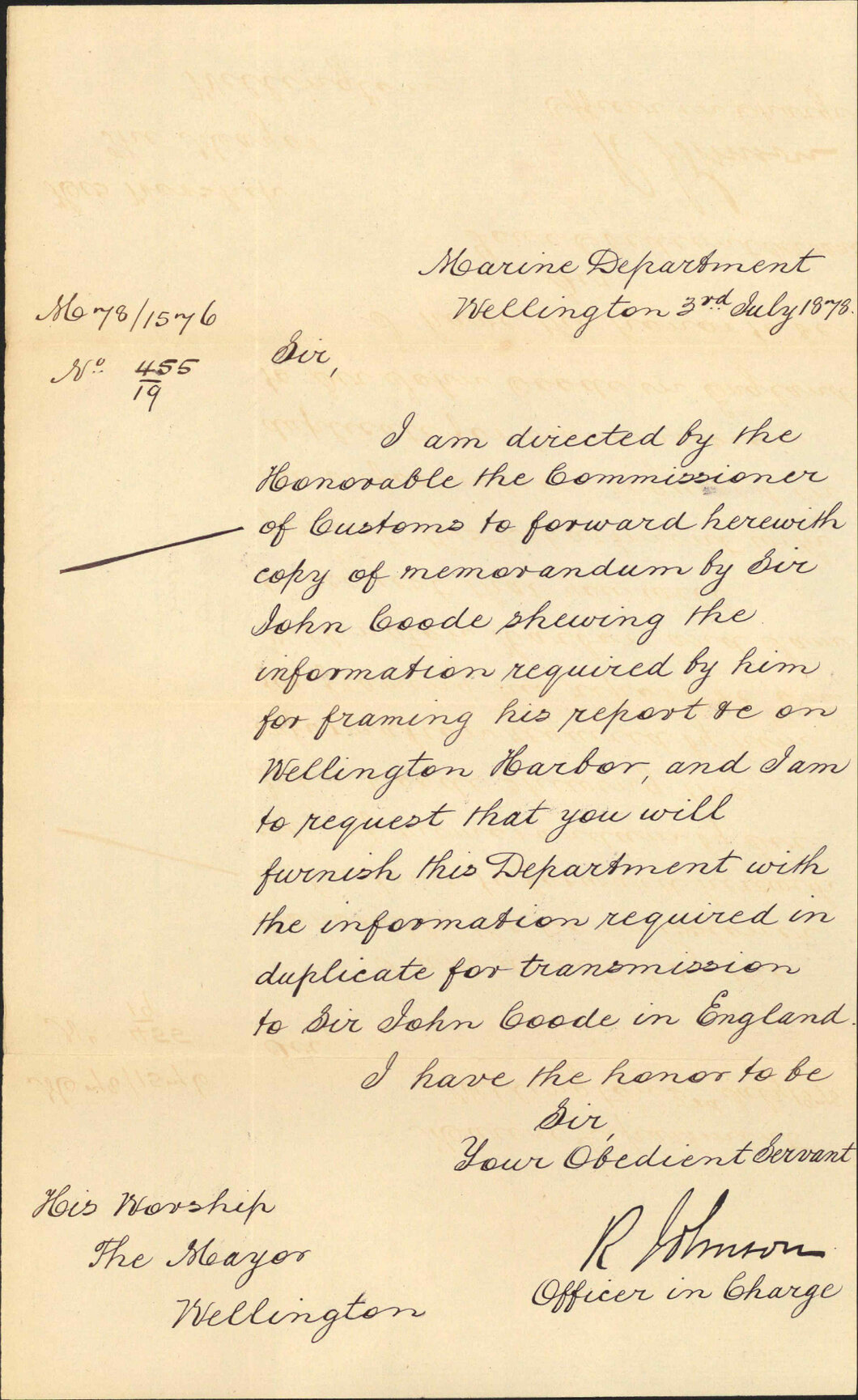 Re information wanted by Sir John Goode - Marine Department
