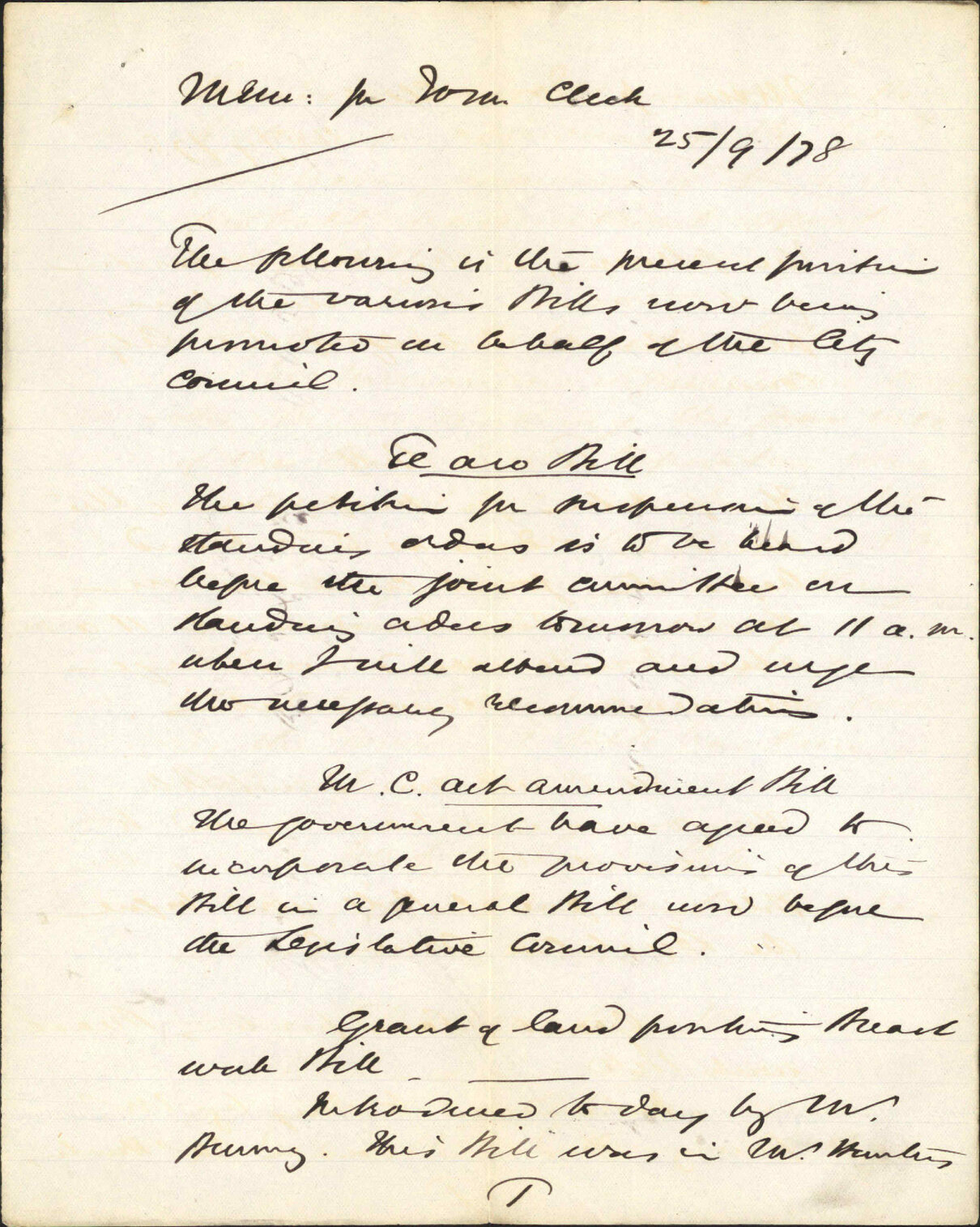 Memo to Town Clerk re position of various bills being promoted on behalf of the City Council - City Solicitor