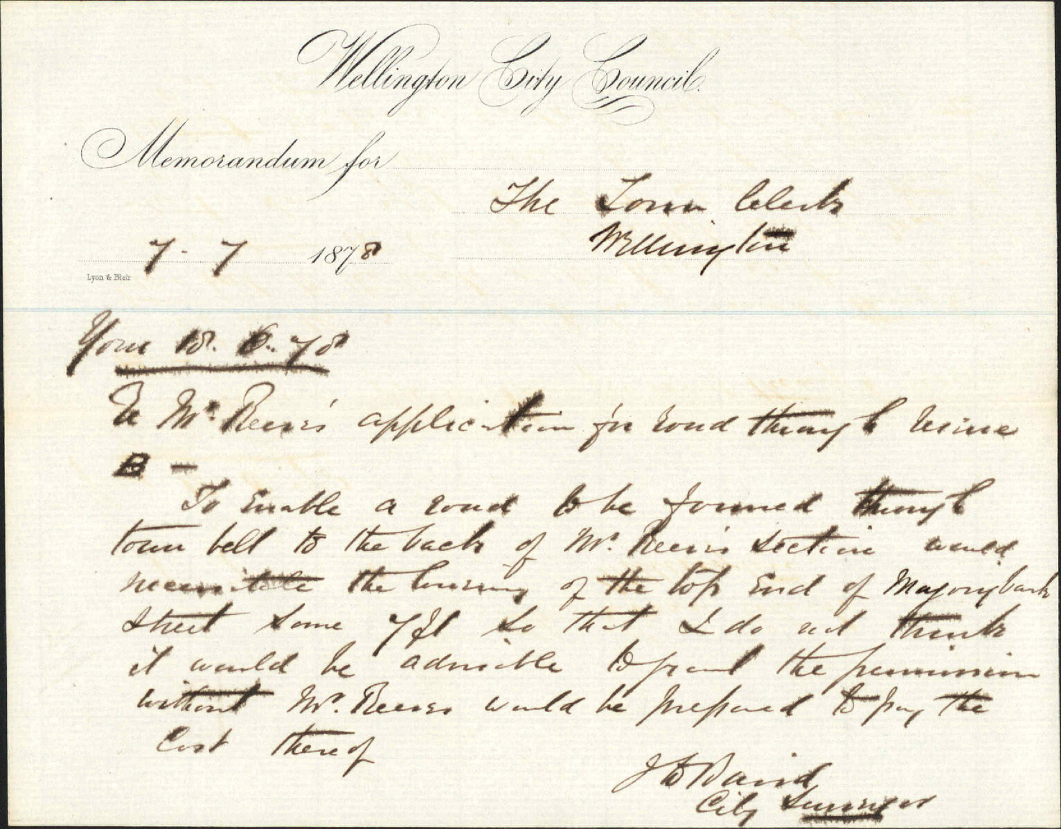 Re memo to Town Clerk re Mr Reeves' application for road through Reserve B - City Surveyor
