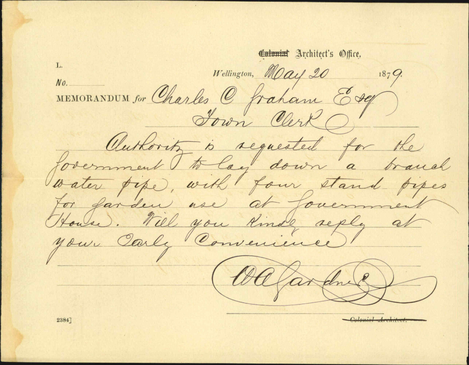 Re request for water pipe in Government House - Colonial Architect's Office