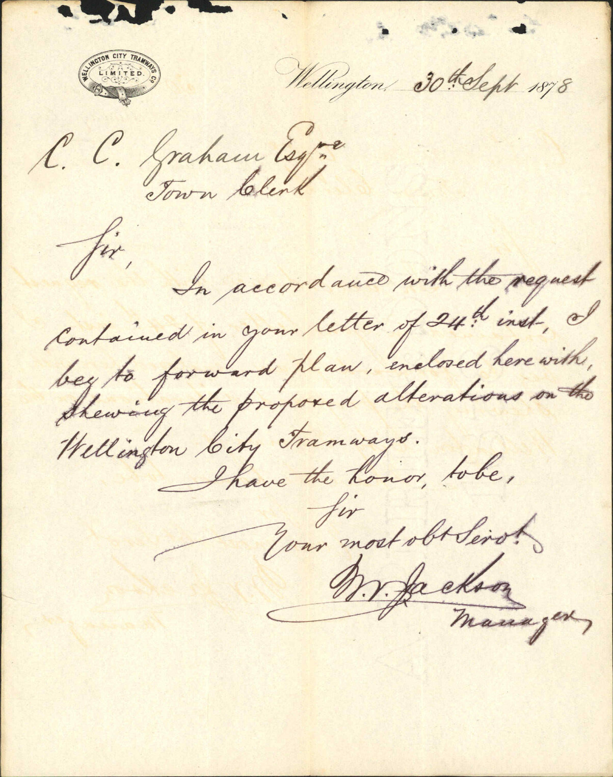Re forwarding plan showing proposed alterations to tramways - Wellington City Tramways Co Ltd