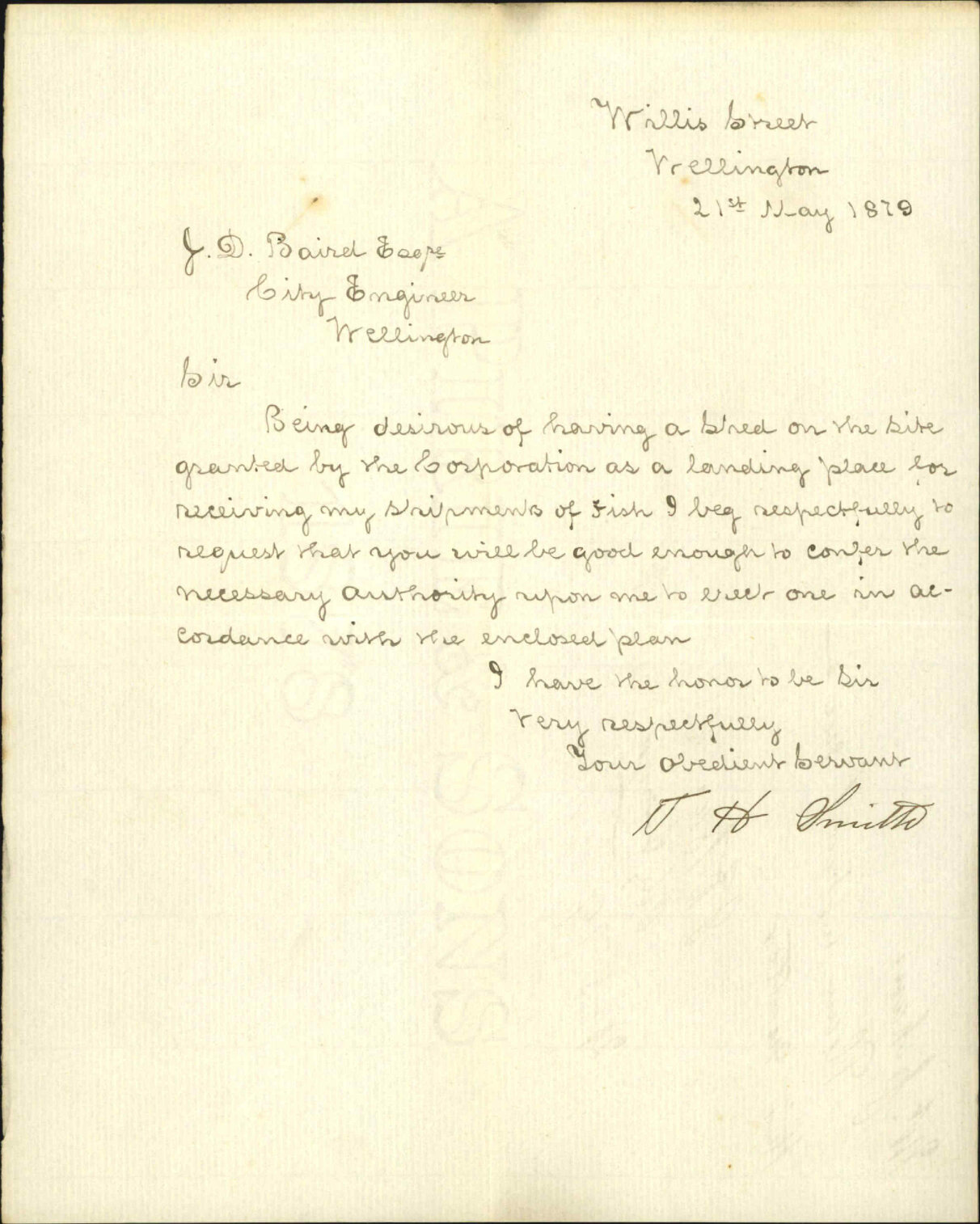 Re request for permission to build shed to land fish - J H Smith