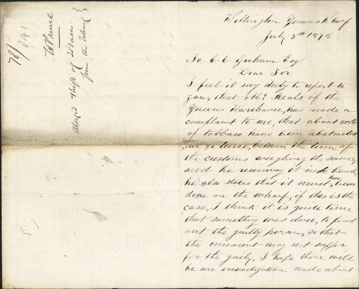 Re alleged theft of tobacco from the wharf - William Prince