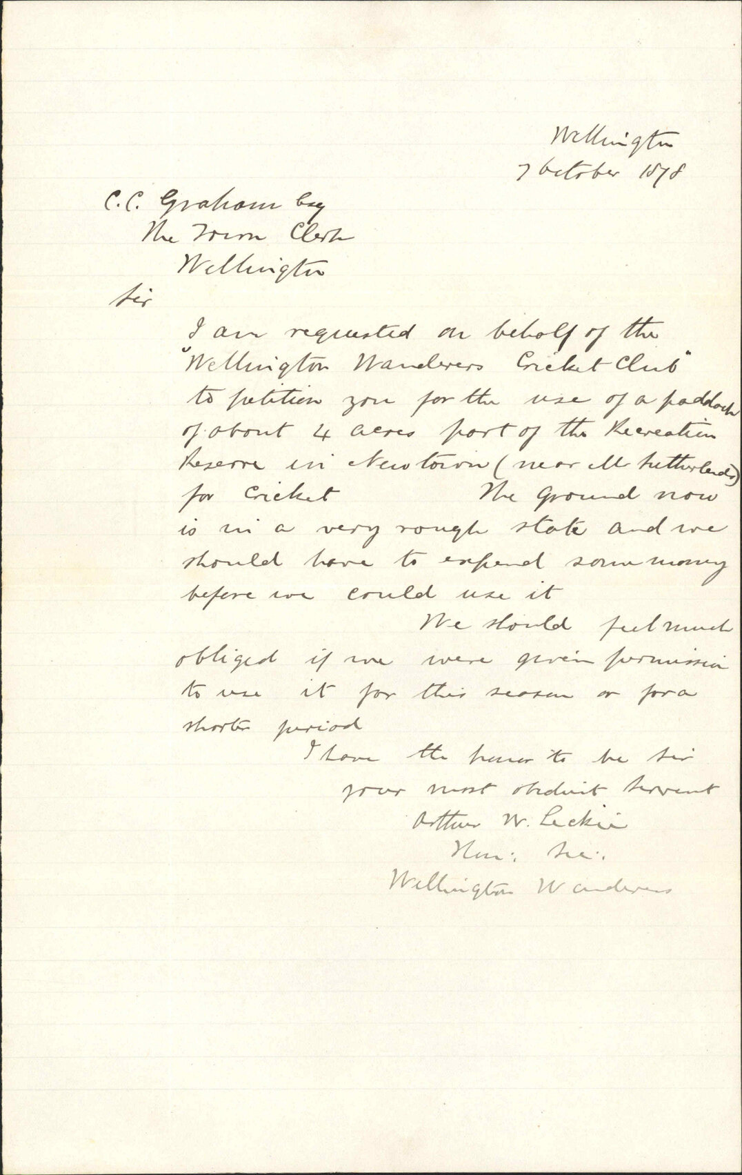 Asking for use of 4 acre, part of recreation reserve, in Newtown for cricket - Wellington Wanderers Cricket Club
