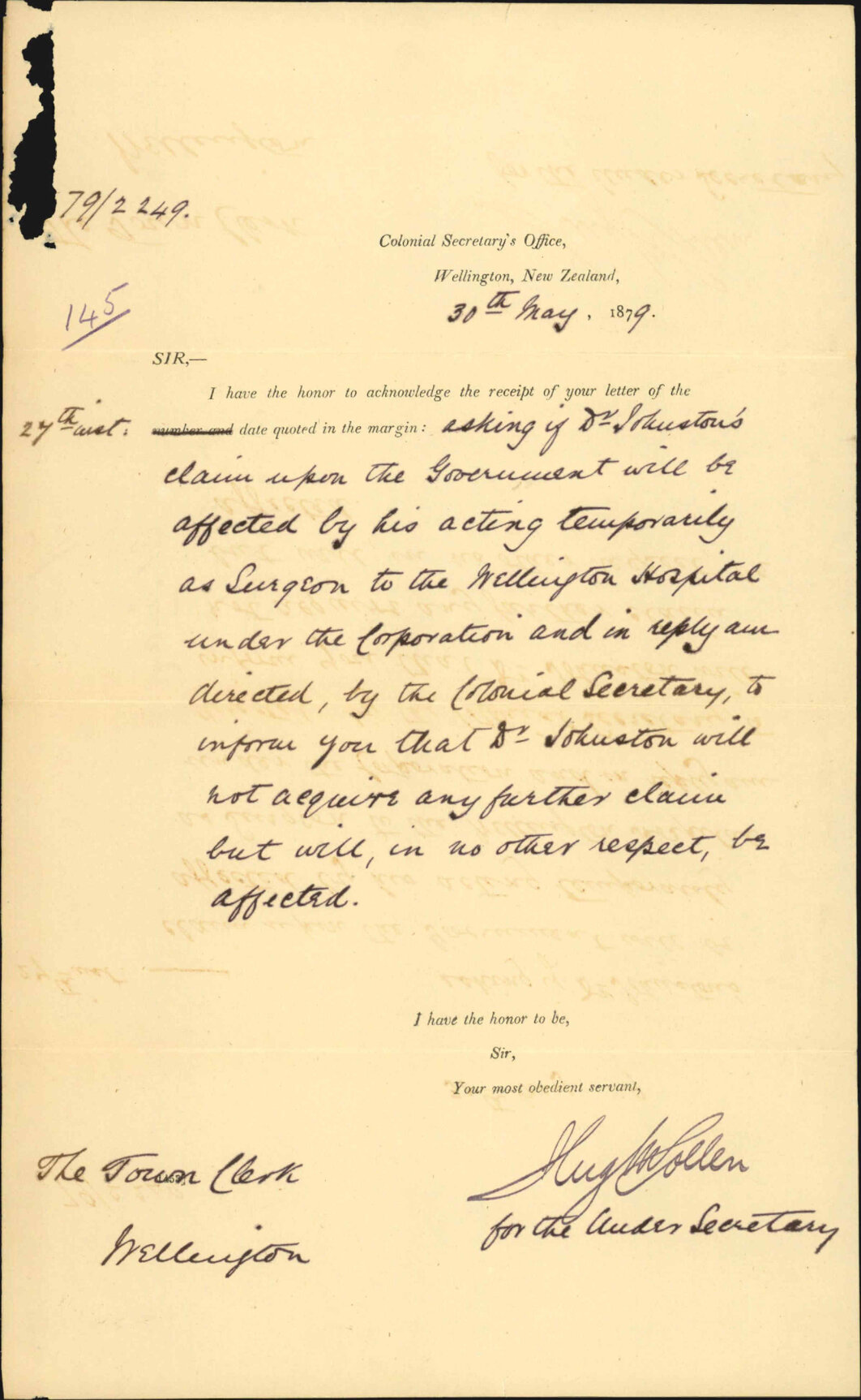 Re employment of Dr Johnston at Wellington Hospital - Colonial Secretary's Office