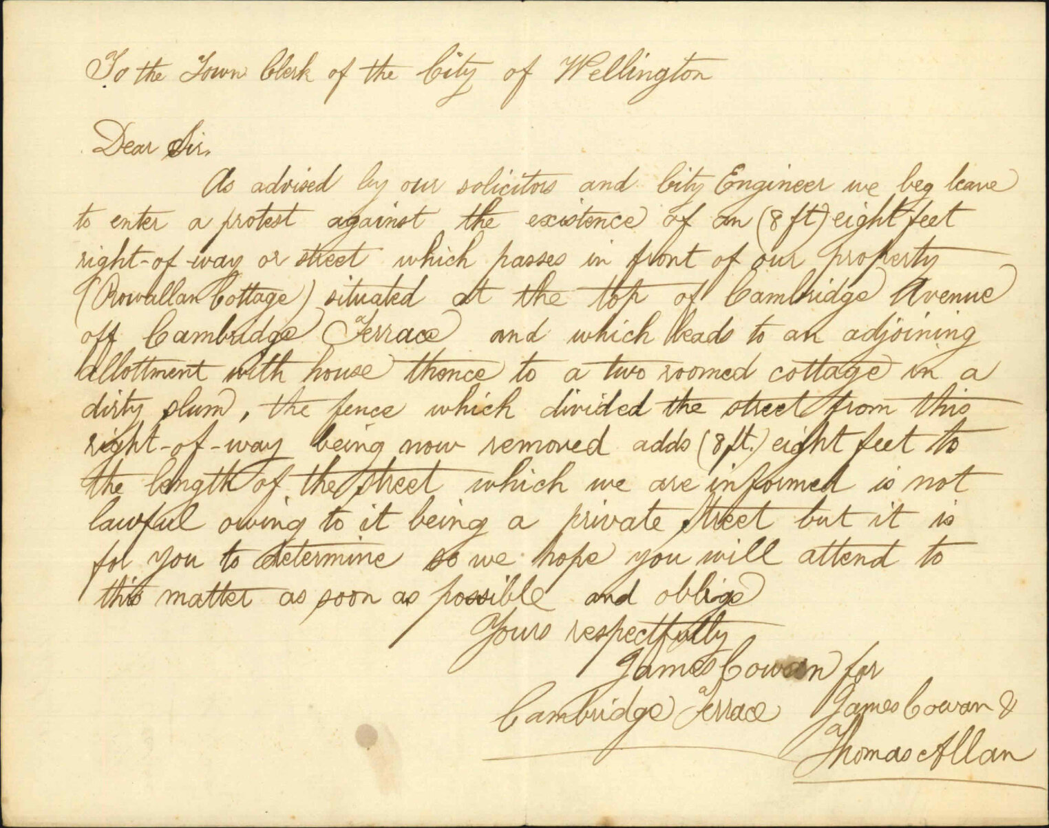 Re complaint over Corporation building a right of way street in front of property in Cambridge Avenue (off Cambridge Terrace) - James Cowen and Thomas Allen