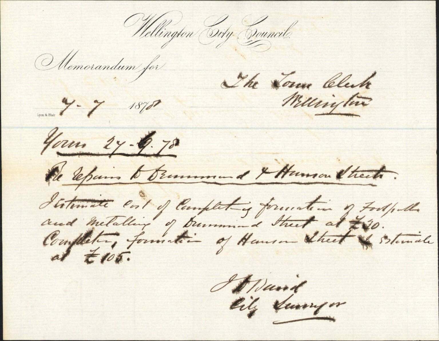 Re memo to Town Clerk re repairs to Drummond and Hanson Streets - City Surveyor