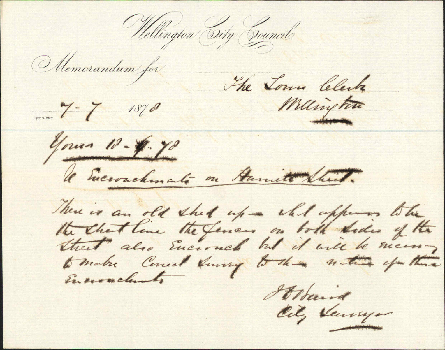 Re memo to Town Clerk re encroachments on Harriett Street - City Surveyor