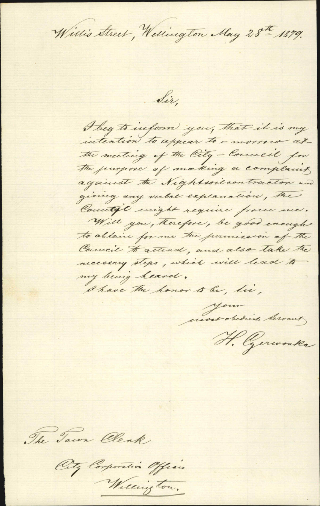 Complaint against night-soil collector - H Germonker, Willis Street