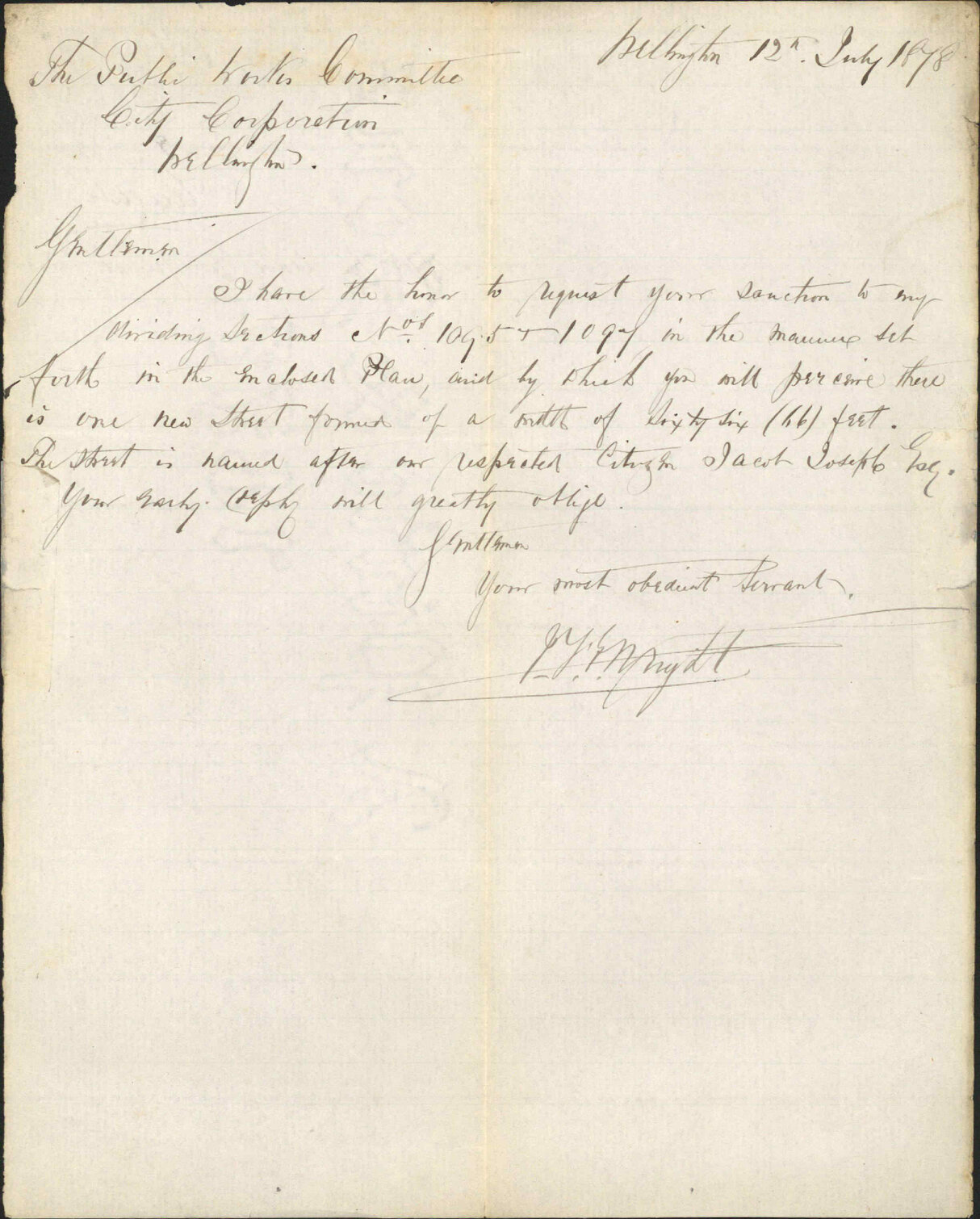 Re application to form new street - F J Wright