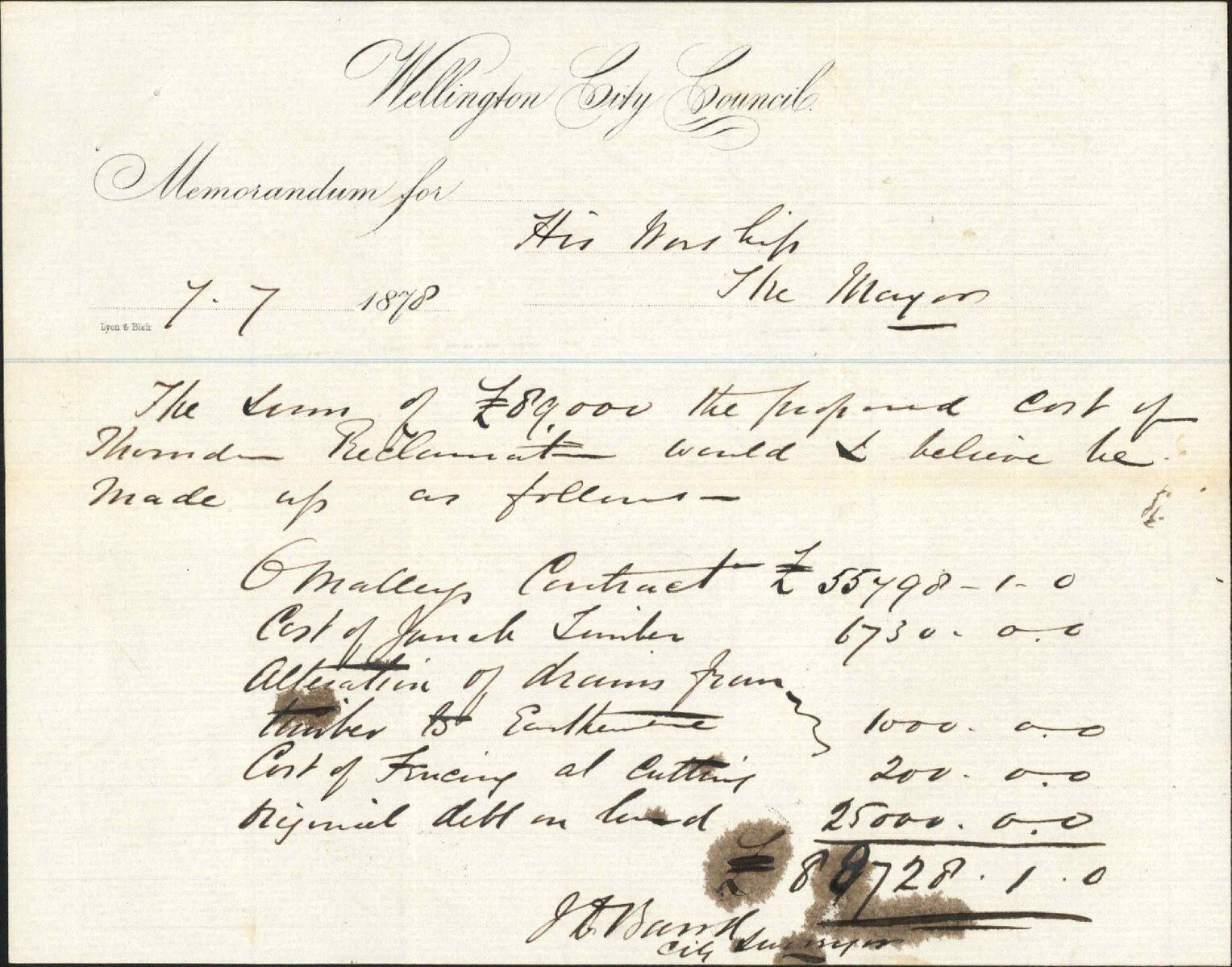 Re memo to Town Clerk re Thorndon reclamation - City Surveyor