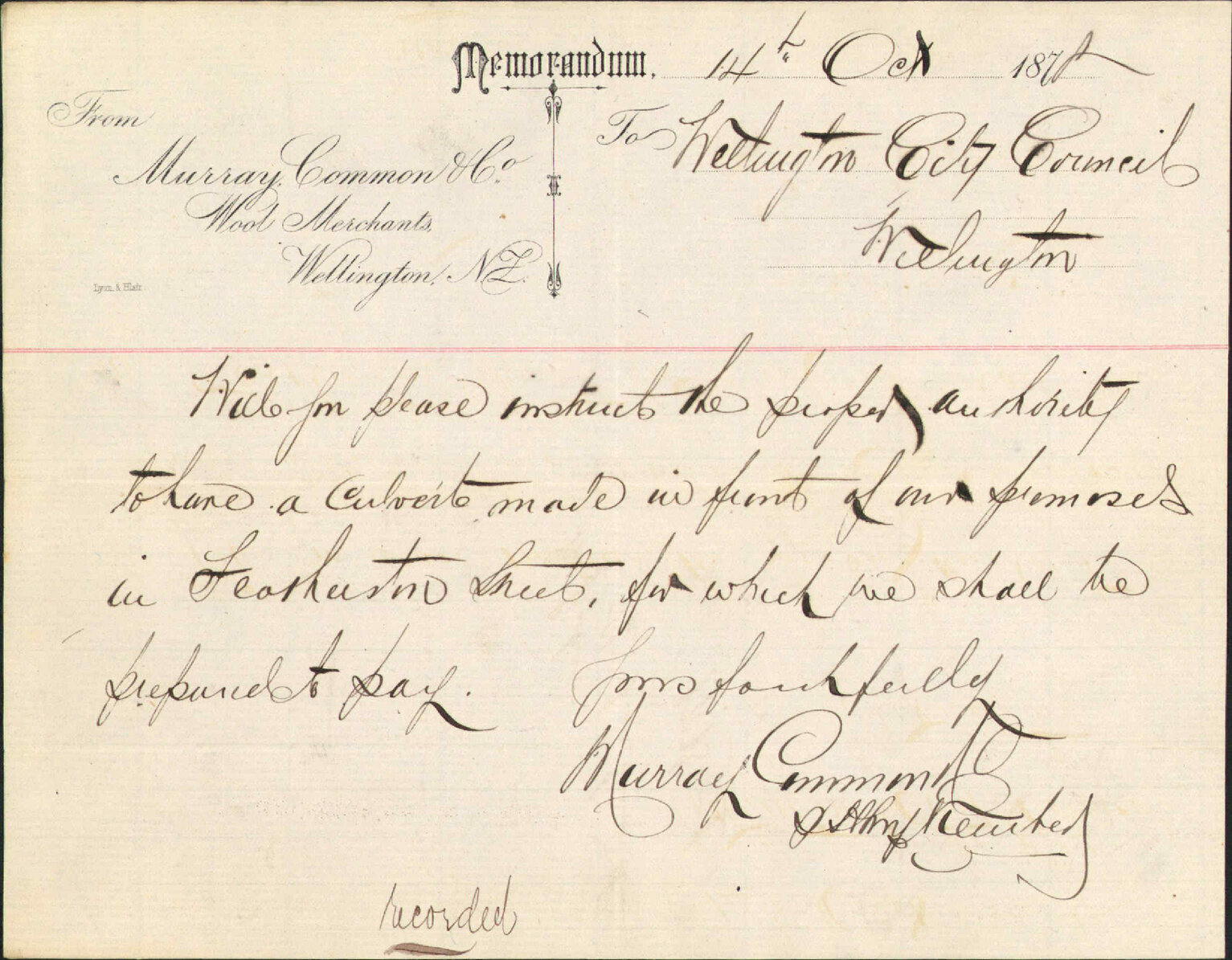 Asking for culvert in front of premises, Featherston Street - Murray Common and Co