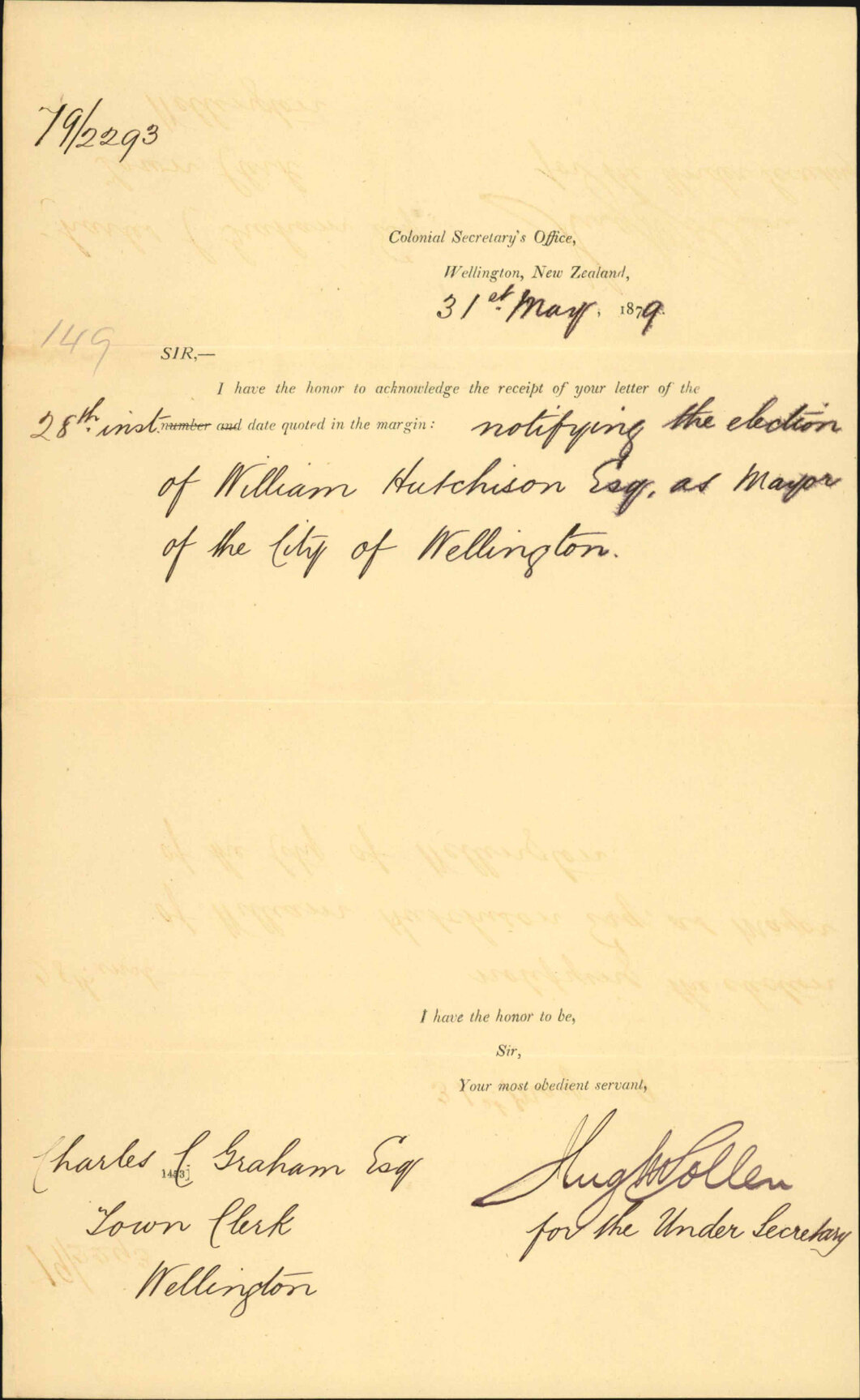 Acknowledging receipt of letter informing office that William Hutchinson has been elected as Mayor - Colonial Secretary's Office