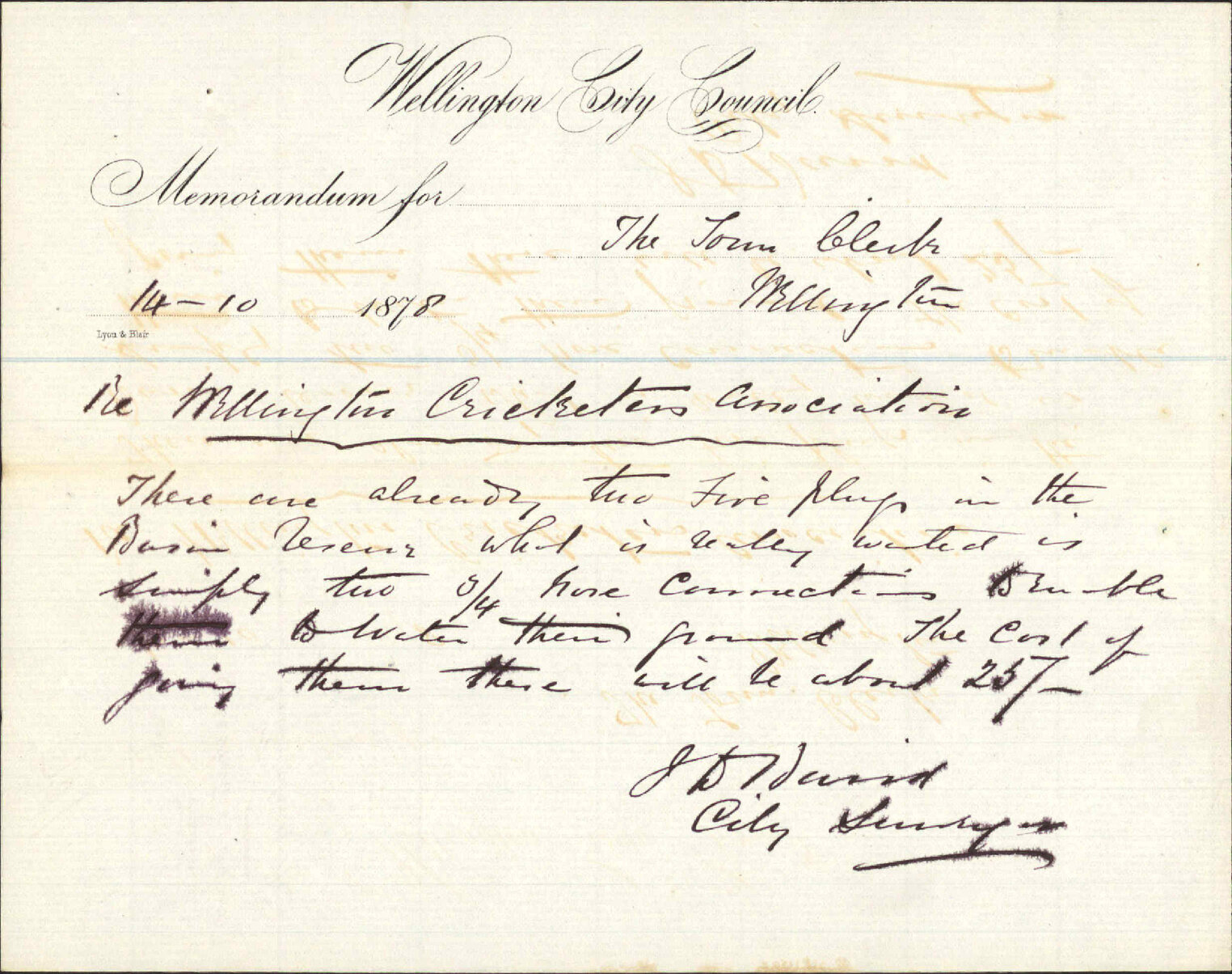 Re memo to Town Clerk re Wellington Cricketers Association application for fire plug, Basin Reserve - J J Baird (City Surveyor)