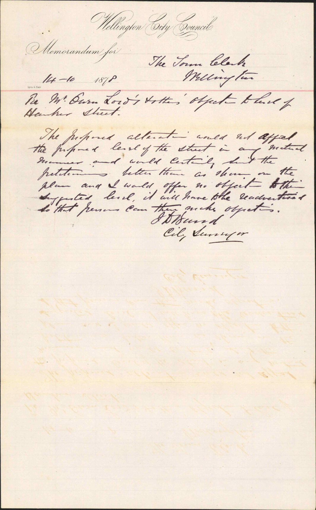 Re memo to Town Clerk re petition objecting to level of Hawker Street - J J Baird (City Surveyor)